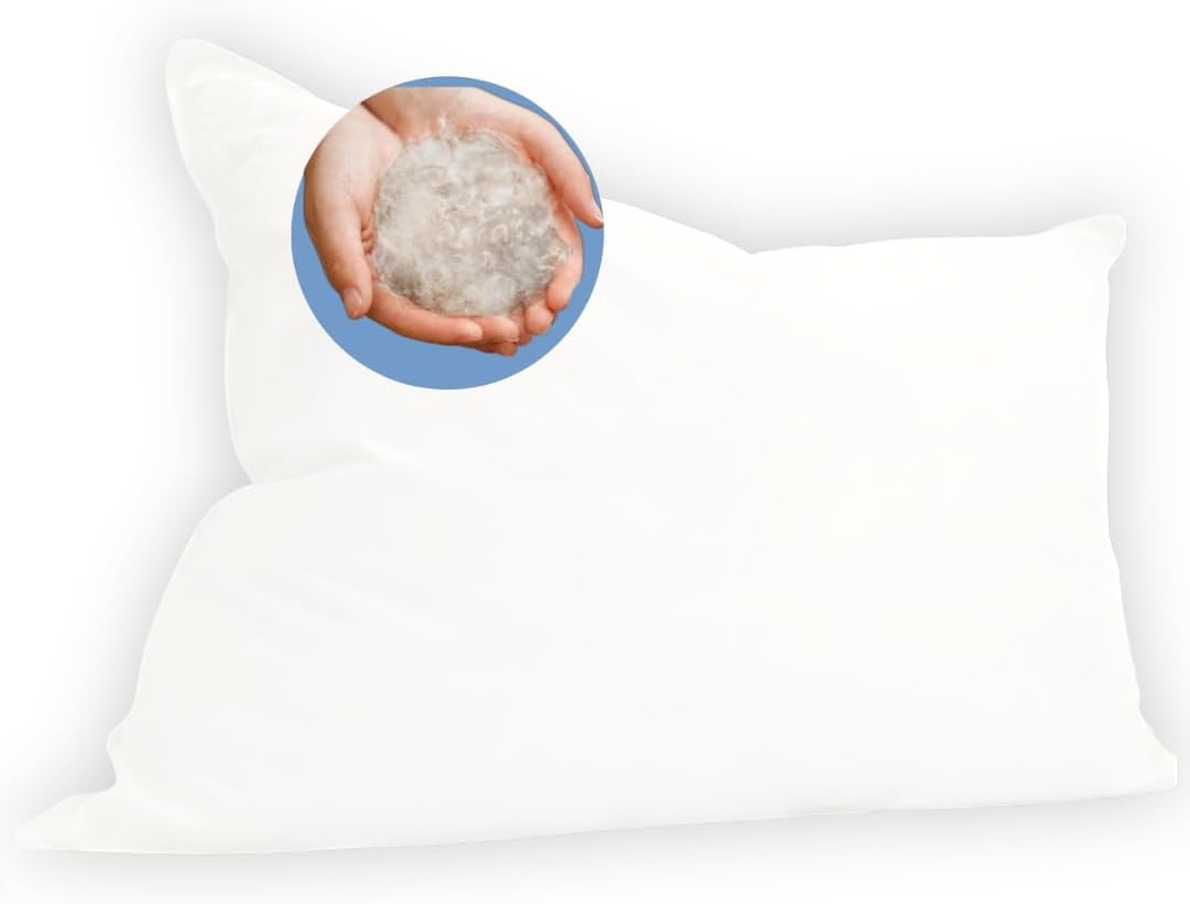 A plush white pillow with a close-up inset showing a handful of soft wool and microfiber blend filling.