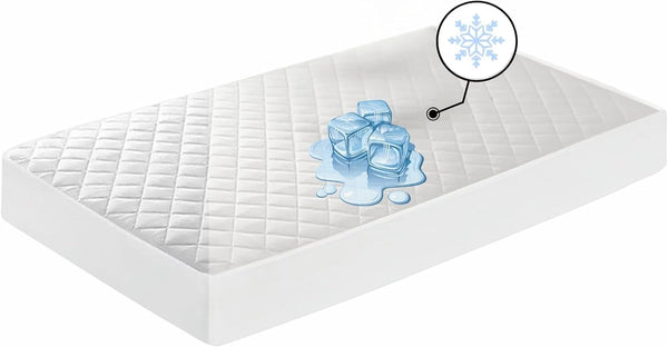 A white toddler crib mattress protector with ice cube graphics, symbolizing its cooling technology and waterproof layer.