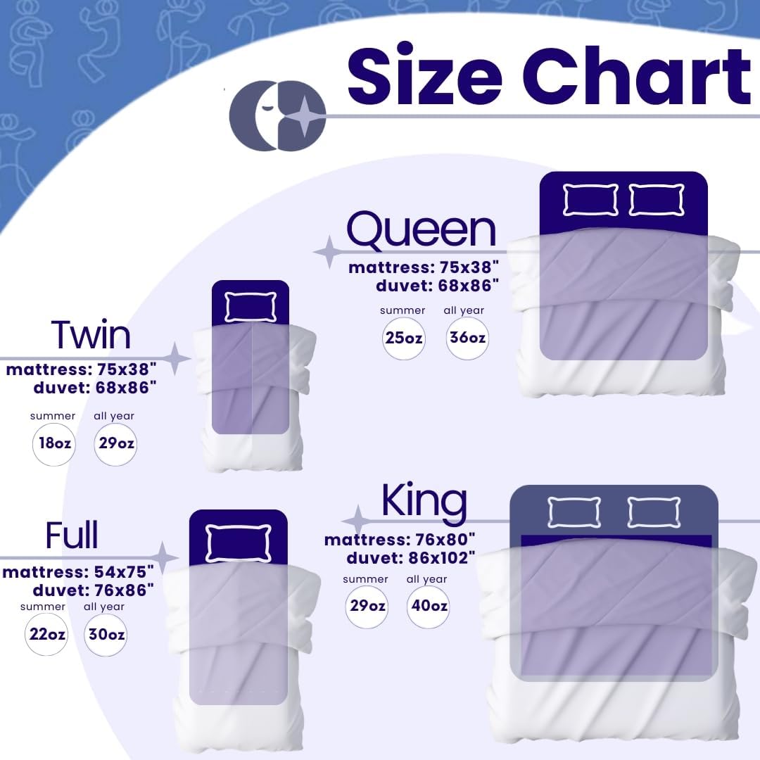 A size chart displaying duvet dimensions and fill weights for Twin, Full, Queen, and King sizes, along with an illustrated bed layout for easy comparison.