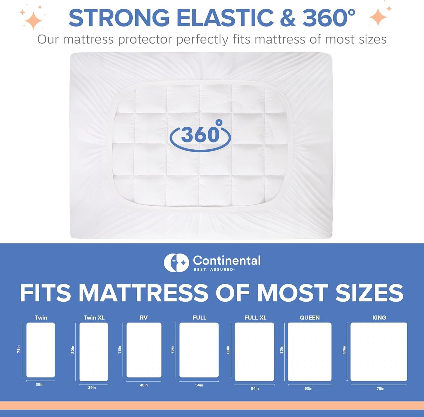 Strong Elastic & 360° Fit | A top-down view of the mattress pad displaying its elastic edges, ensuring a secure and tailored fit for various mattress sizes.