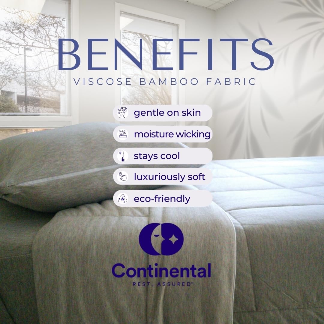 A luxurious bamboo bedding set on a bed with soft, breathable fabric. The text highlights benefits like moisture-wicking, cooling, and eco-friendliness.