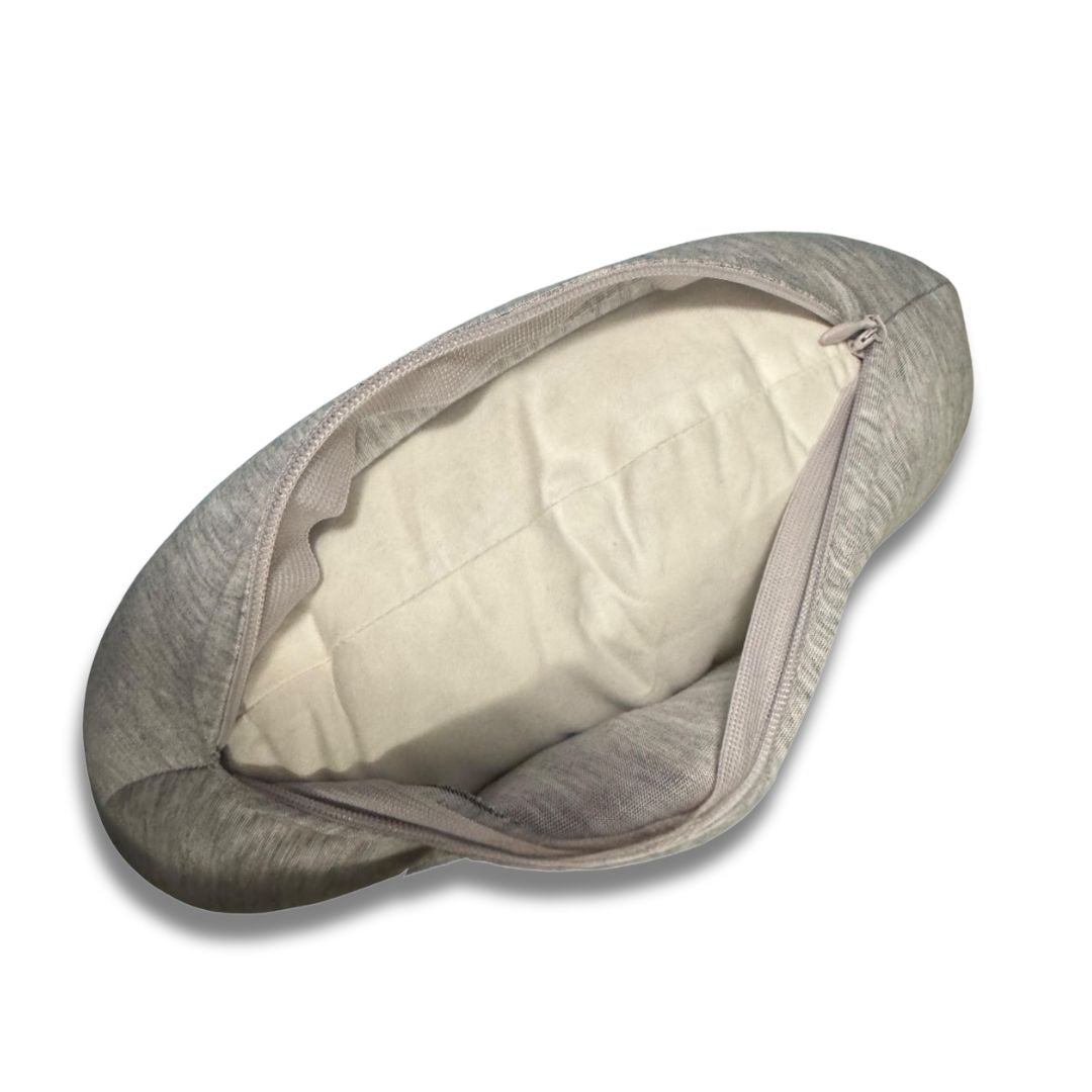 U-shaped travel pillow with a removable cover made from viscose-derived bamboo, partially unzipped.