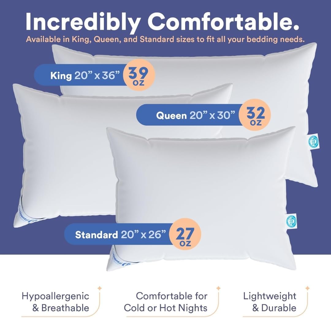 Continental Bedding luxury down pillows in King, Queen, and Standard sizes with weight in ounces, designed for breathable comfort, durability, and year-round use.
