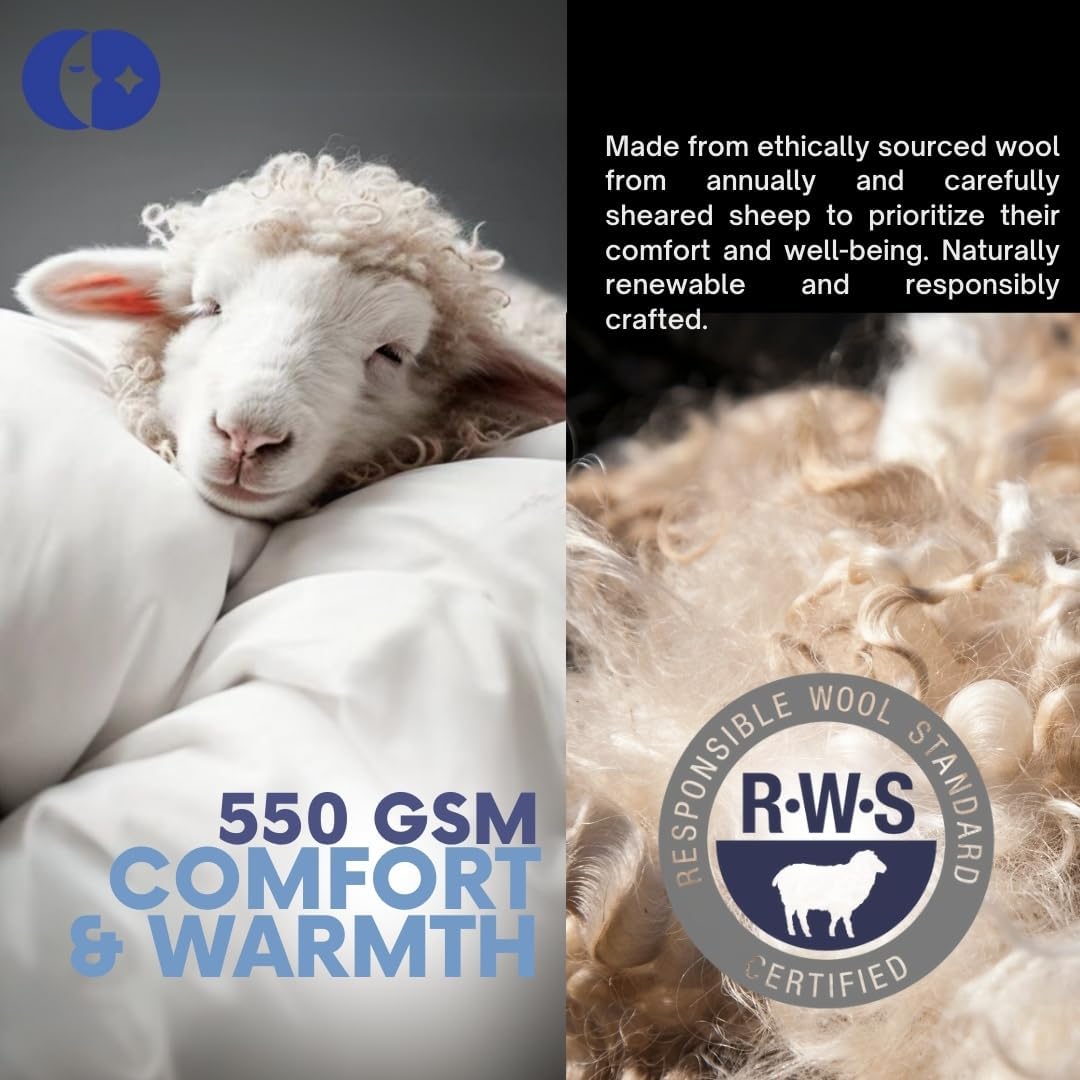 Continental Bedding ethically sourced RWS-certified wool bedding with 550 GSM comfort and warmth, featuring responsibly sheared sheep and natural renewable materials.