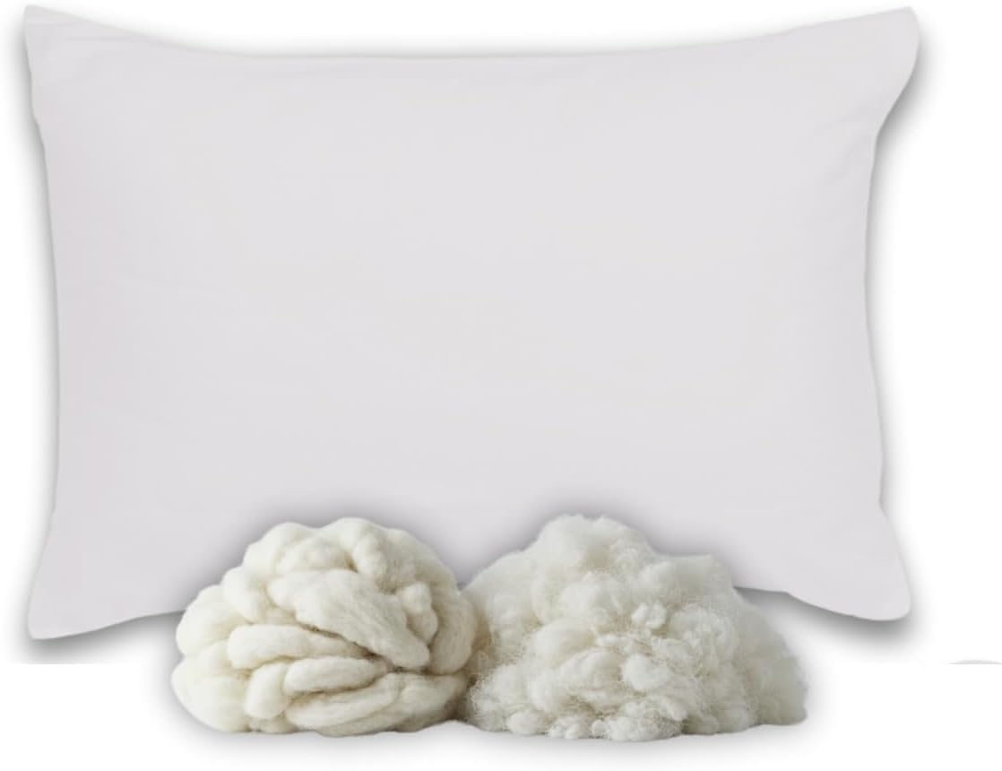 Continental Bedding pillow with two types of fill—soft wool and down-alternative microfiber—displayed in front, showing natural vs synthetic comfort materials.