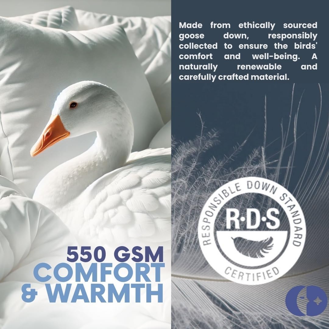 A close-up of a white goose on a soft duvet, with text highlighting that the down is ethically sourced and RDS-certified for responsible collection.
