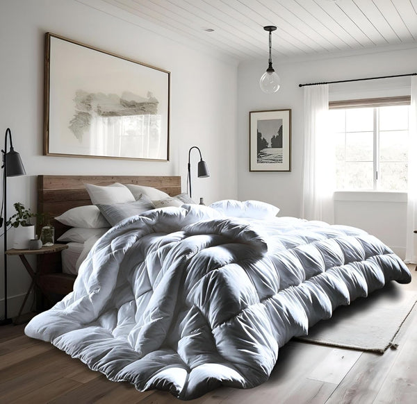 A plush white goose down duvet on a bed in a modern, minimalistic bedroom with wooden accents and soft lighting, showcasing its luxurious loft and texture.