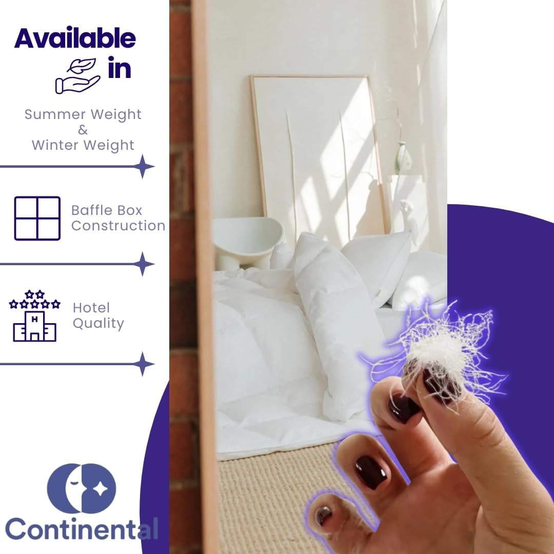 A hand holding a delicate white down cluster, with icons and text showcasing the duvet’s key features like summer and winter weight options, baffle box construction, and hotel-quality