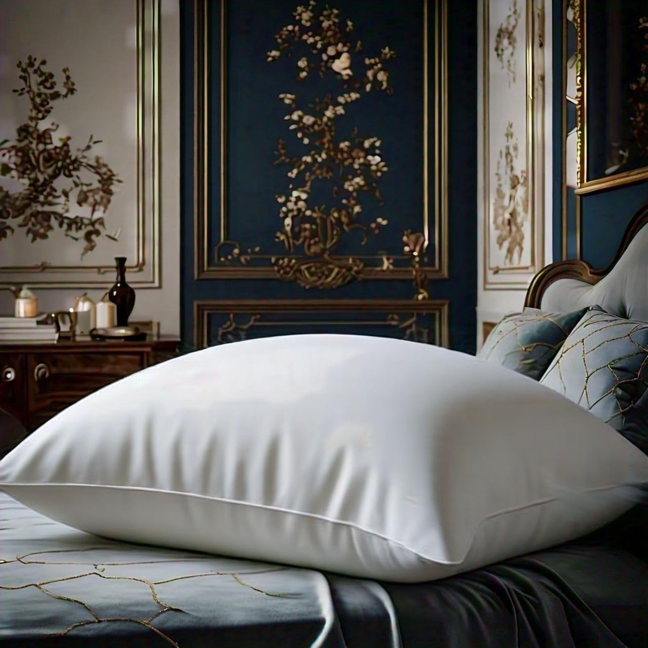 A plush white goose down pillow elegantly placed in a regal, dark blue and gold-accented bedroom, emphasizing premium quality and luxurious design.