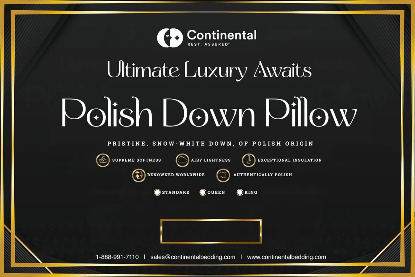 A luxury-themed promotional graphic for the Polish Down Pillow, featuring gold accents, elegant typography, and key product highlights like supreme softness, airy lightness, and exceptional insulation.