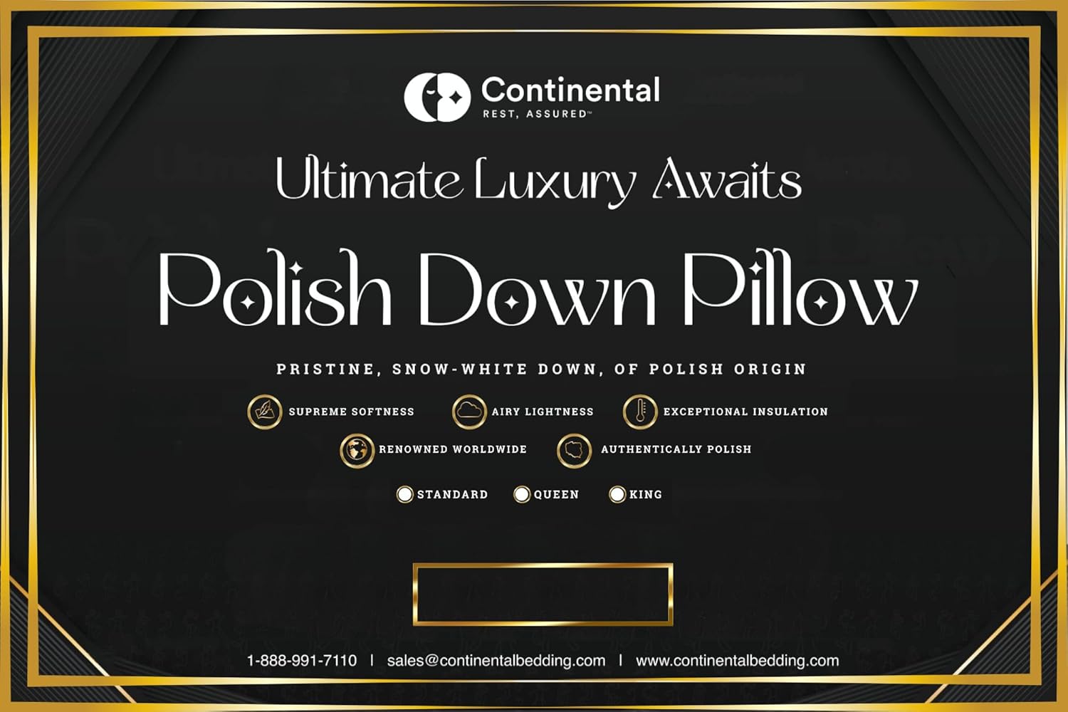 A luxury-themed promotional graphic for the Polish Down Pillow, featuring gold accents, elegant typography, and key product highlights like supreme softness, airy lightness, and exceptional insulation.