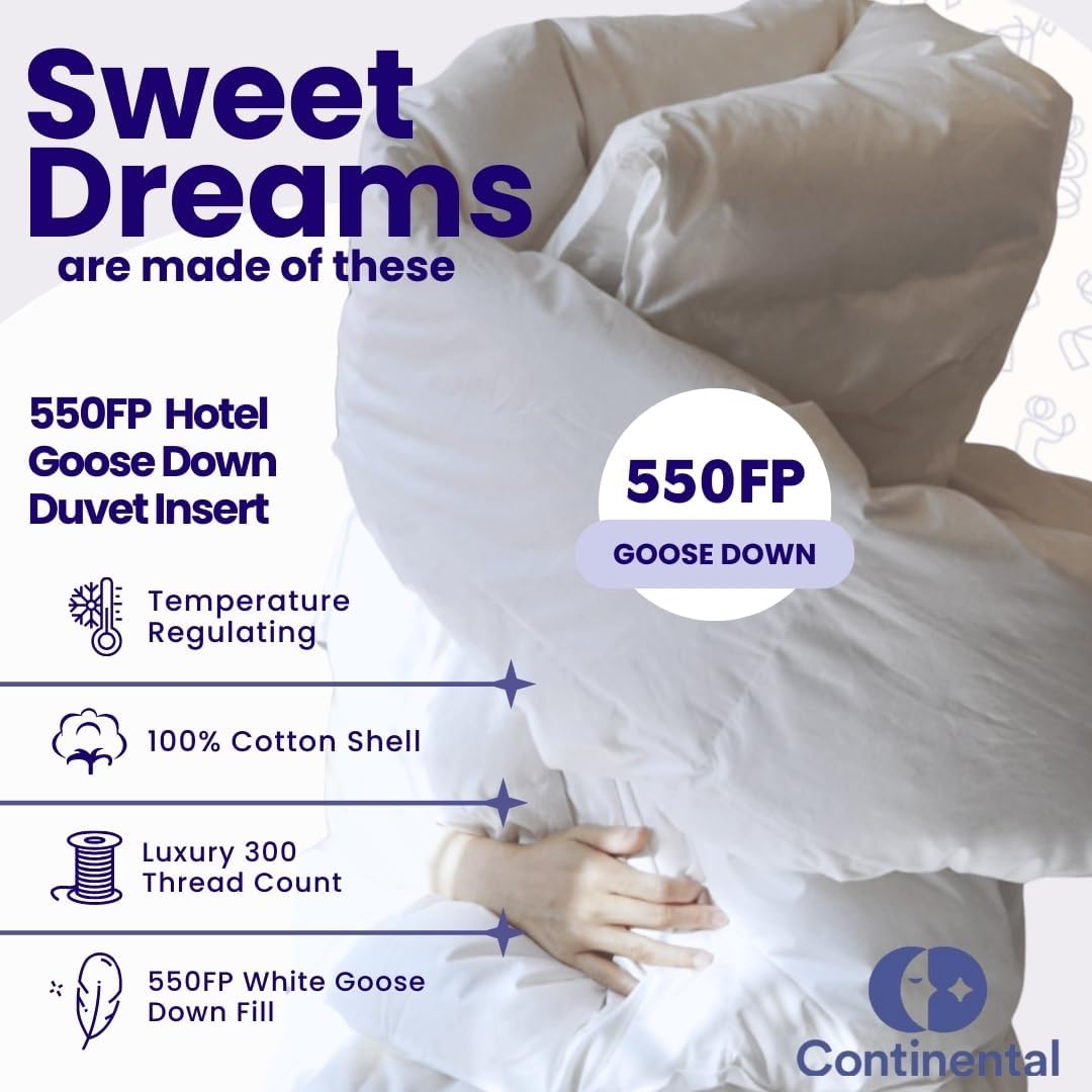 A cozy embrace of a fluffy white goose down duvet, with text and icons highlighting key product features like 550FP white goose down, 100% cotton shell, and temperature regulation.