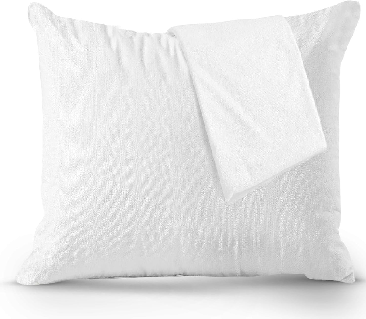 White terry cloth waterproof pillow protector with matching folded fabric on top, displayed on a clean white background.