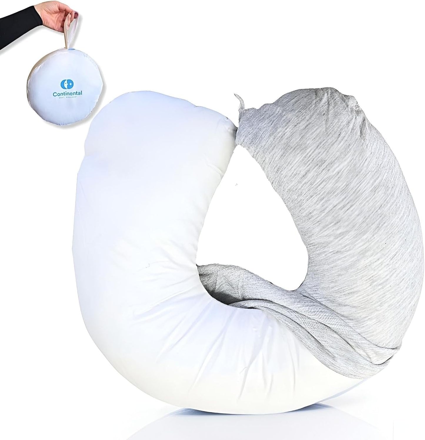 White travel pillow with a partially removed bamboo cover, shown with a carrying case