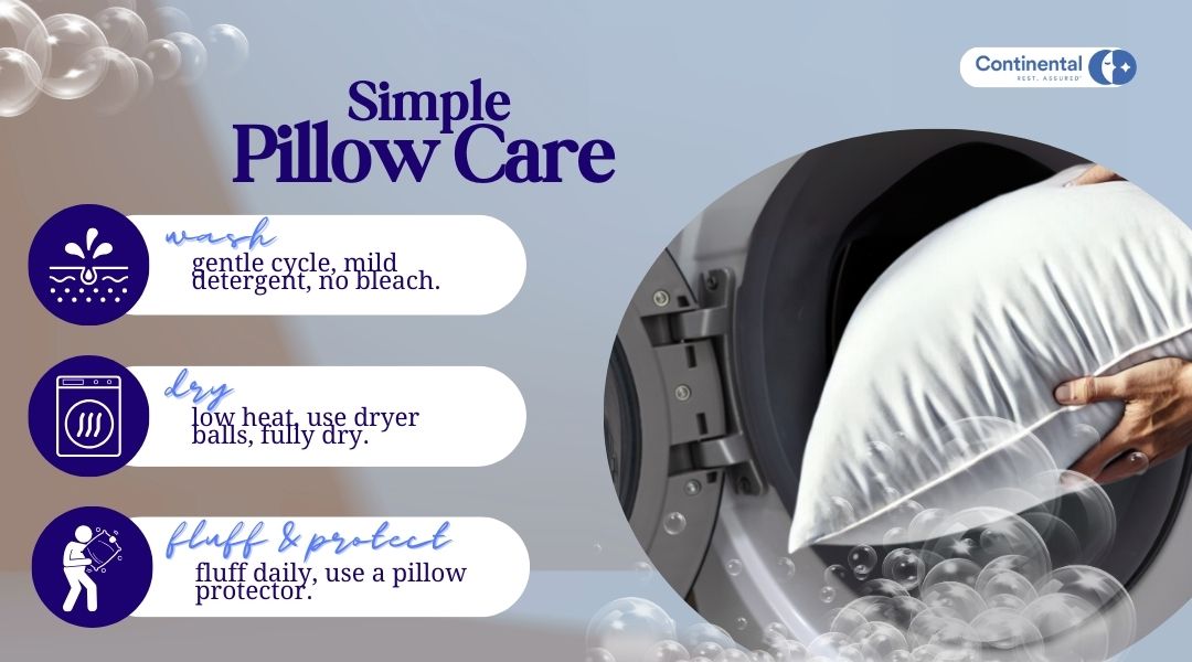 A pillow care guide showing a pillow in a washing machine with three steps: Wash gently, Dry on low, Fluff daily. Features blue tones, bubbles, and the Continental Bedding logo.