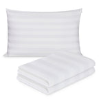 a set of two 2 neatly folded on top of one another striped pillow protector that fits snuggly on a pillow and has a zipper closure