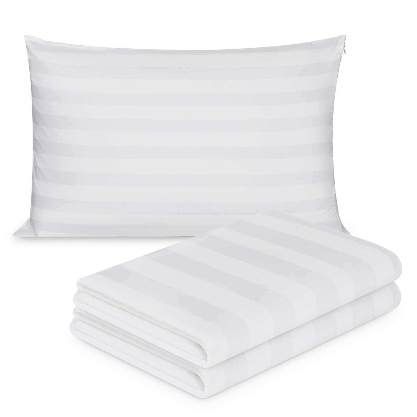 a set of two 2 neatly folded on top of one another striped pillow protector that fits snuggly on a pillow and has a zipper closure