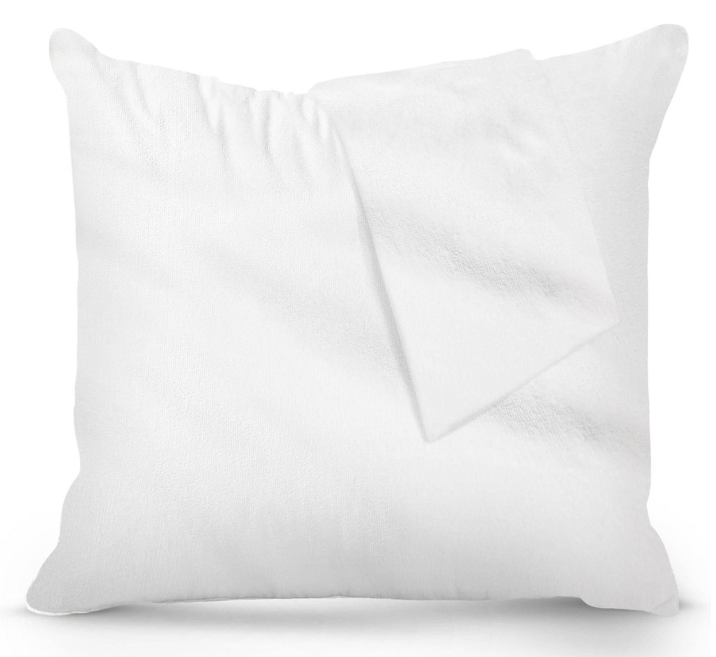 White fleece pillow protector fitted onto a pillow with a folded corner, emphasizing its snug fit and plush feel