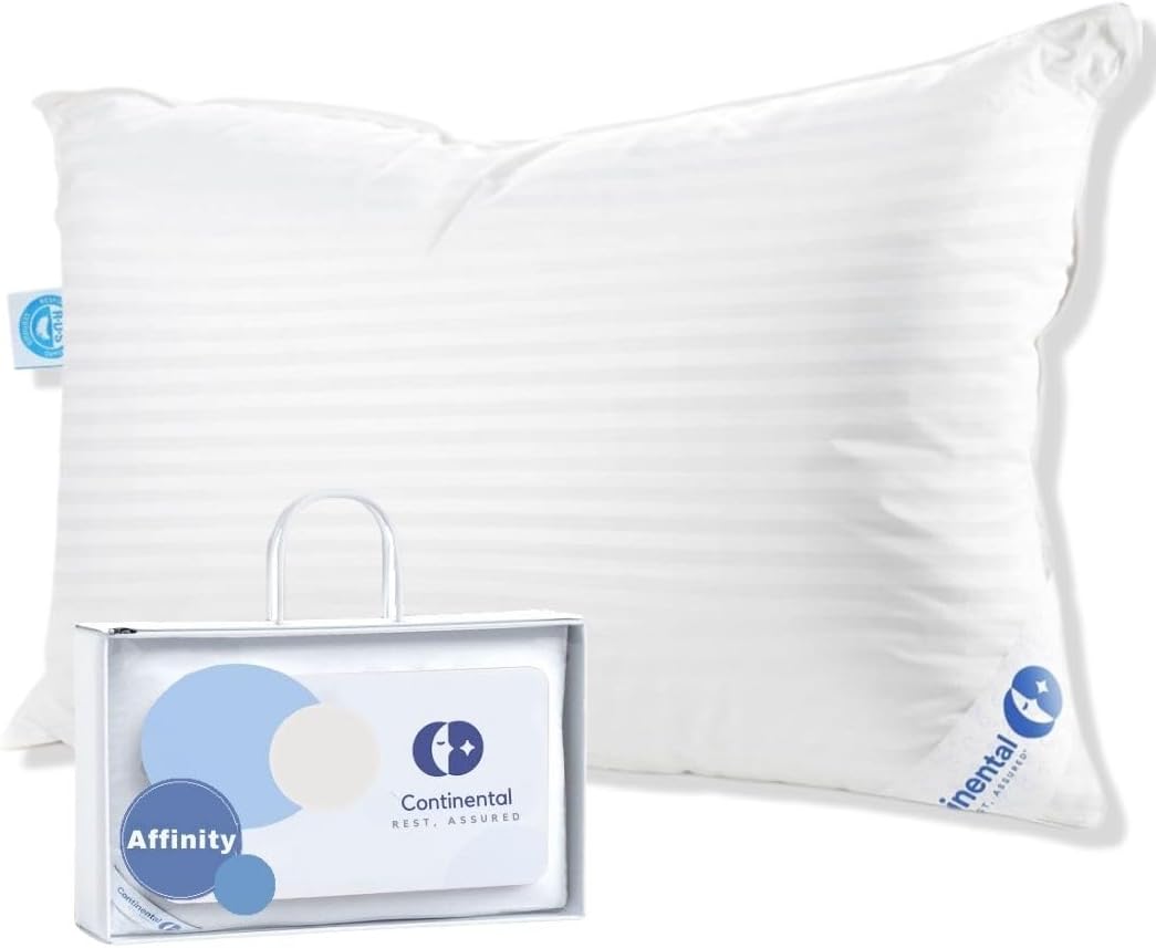 Continental Bedding Affinity pillow alongside its packaging, emphasizing the striped design and compact, gift-ready presentation