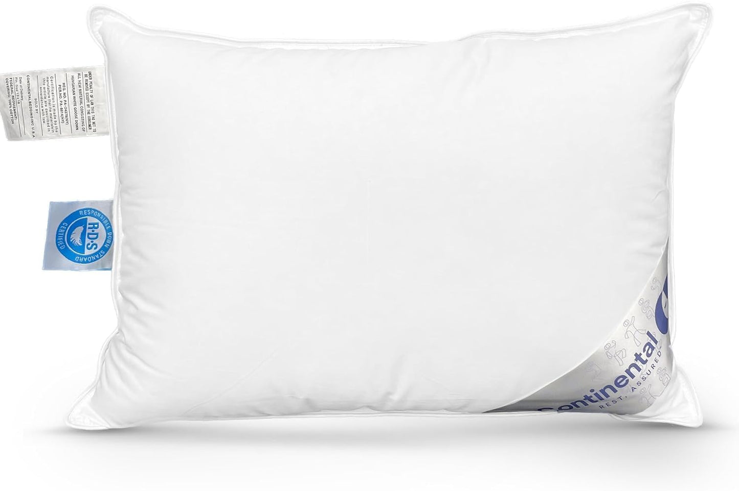 A close-up image of the Continental Bedding toddler goose down pillow, showing its RDS-certified tags, premium cotton shell, and soft, supportive loft.