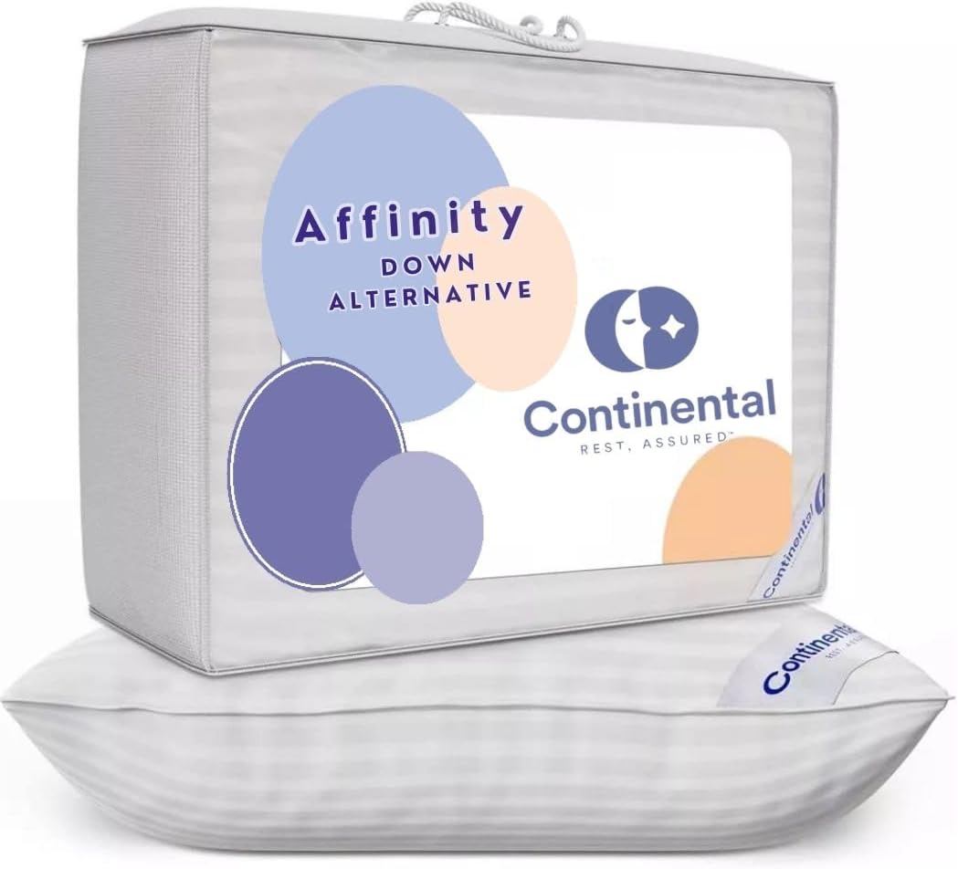 Elegantly packaged Continental Bedding Affinity down alternative pillow in a striped retail box showcasing the product's branding and design aesthetics