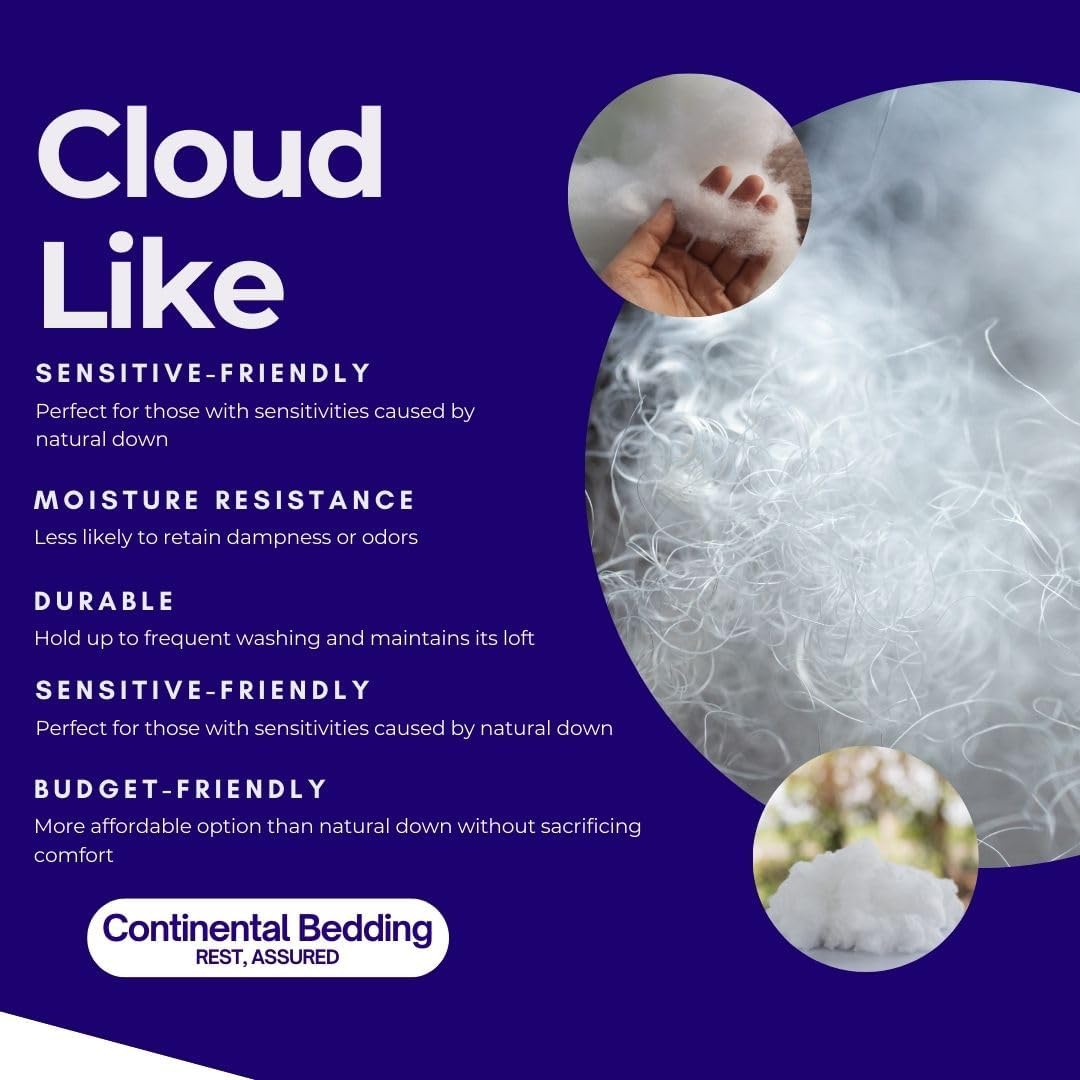 Informative image detailing the features of Continental Bedding's Affinity down alternative pillow, emphasizing its cloud-like comfort, moisture resistance, durability, and suitability for sensitive users