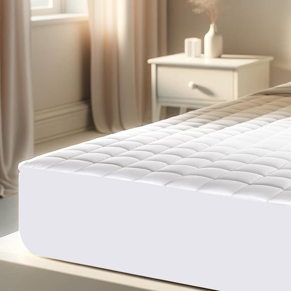 Quilted Cooling Mattress Pad on a Bed | A close-up view of the quilted mattress pad, placed on a neatly arranged bed with natural lighting.