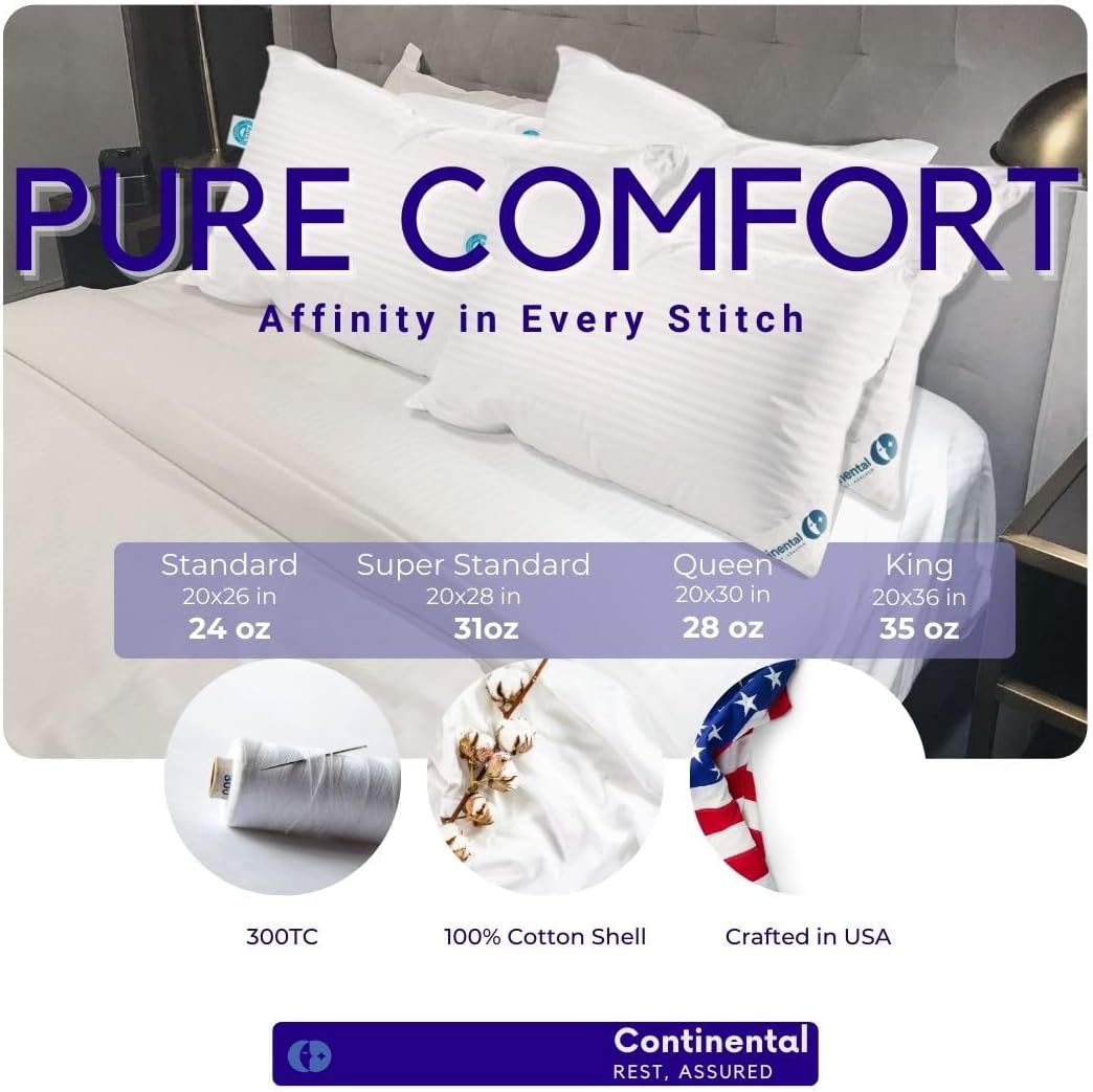 Luxurious bedroom display featuring multiple Continental Bedding Affinity pillows on a neatly made bed with a focus on pure comfort and quality. Notable are the details of pillow sizes and weights in the foreground, emphasizing the 300TC and 100% cotton shell, crafted in the USA