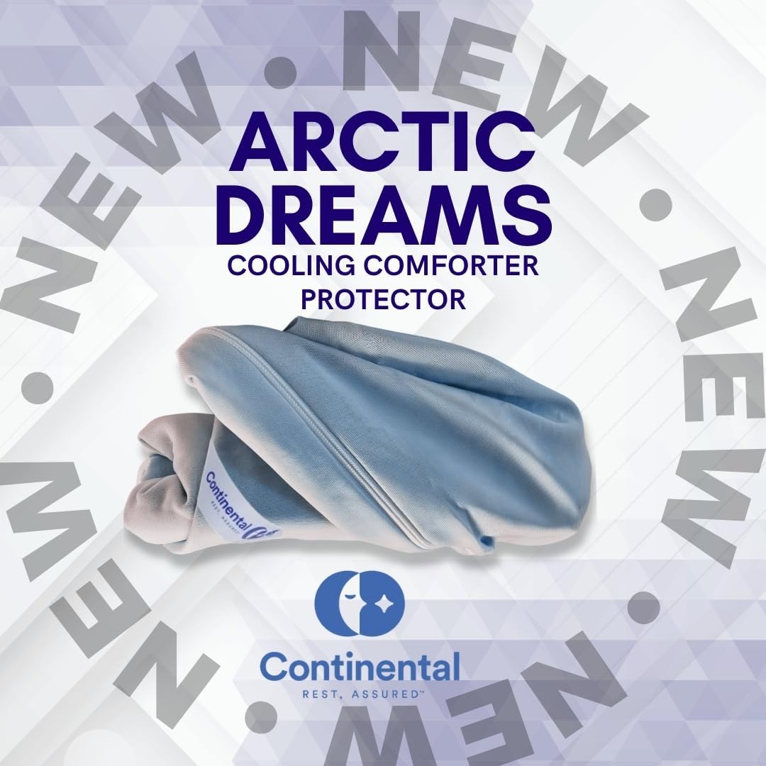 Promotional image announcing the new Arctic Dreams Cooling Comforter Protector by Continental Bedding, emphasizing its cooling features