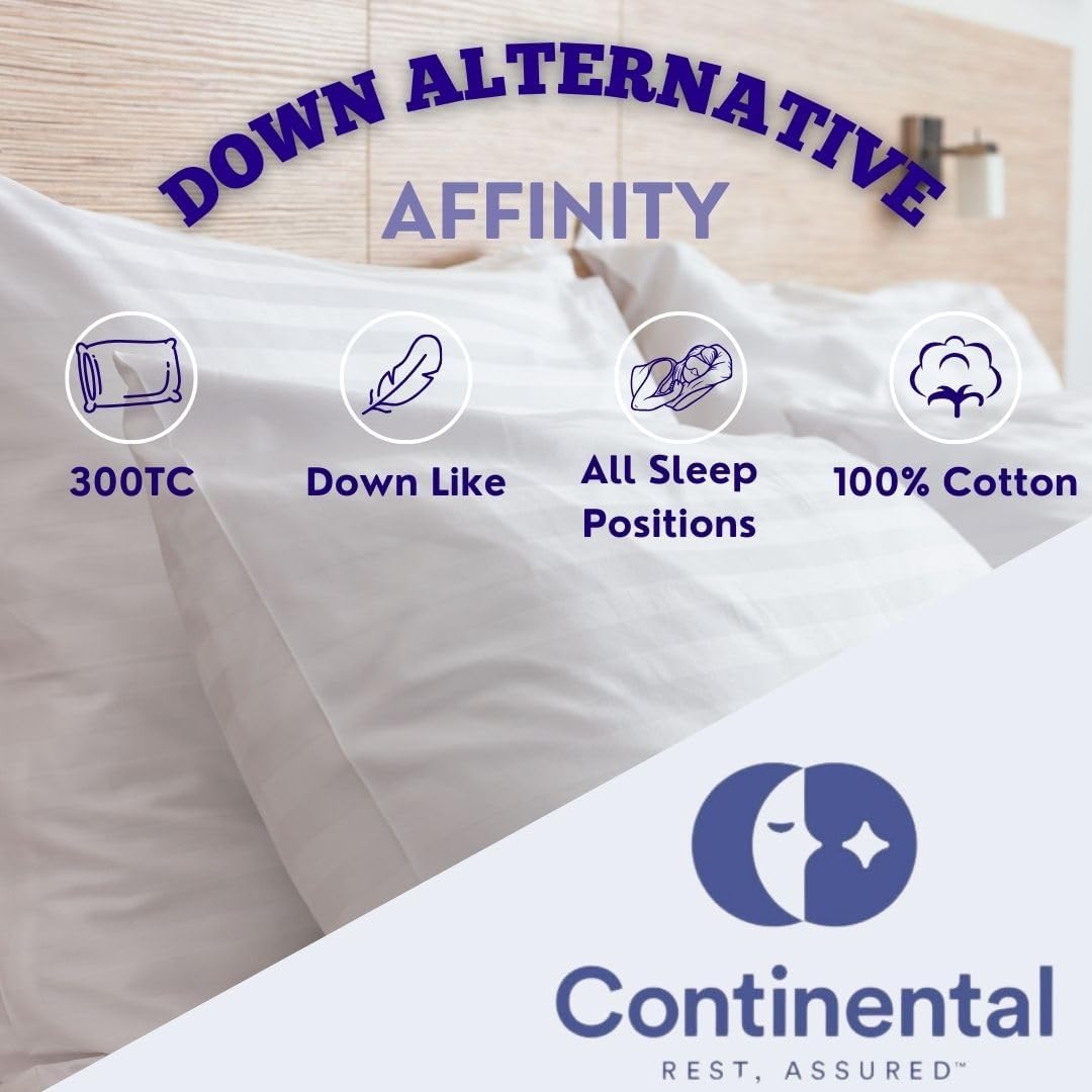 Close-up of a Continental Bedding Affinity down alternative pillow highlighting its 300 thread count, 100% cotton shell, and suitability for all sleep positions with icons for features like down-like comfort