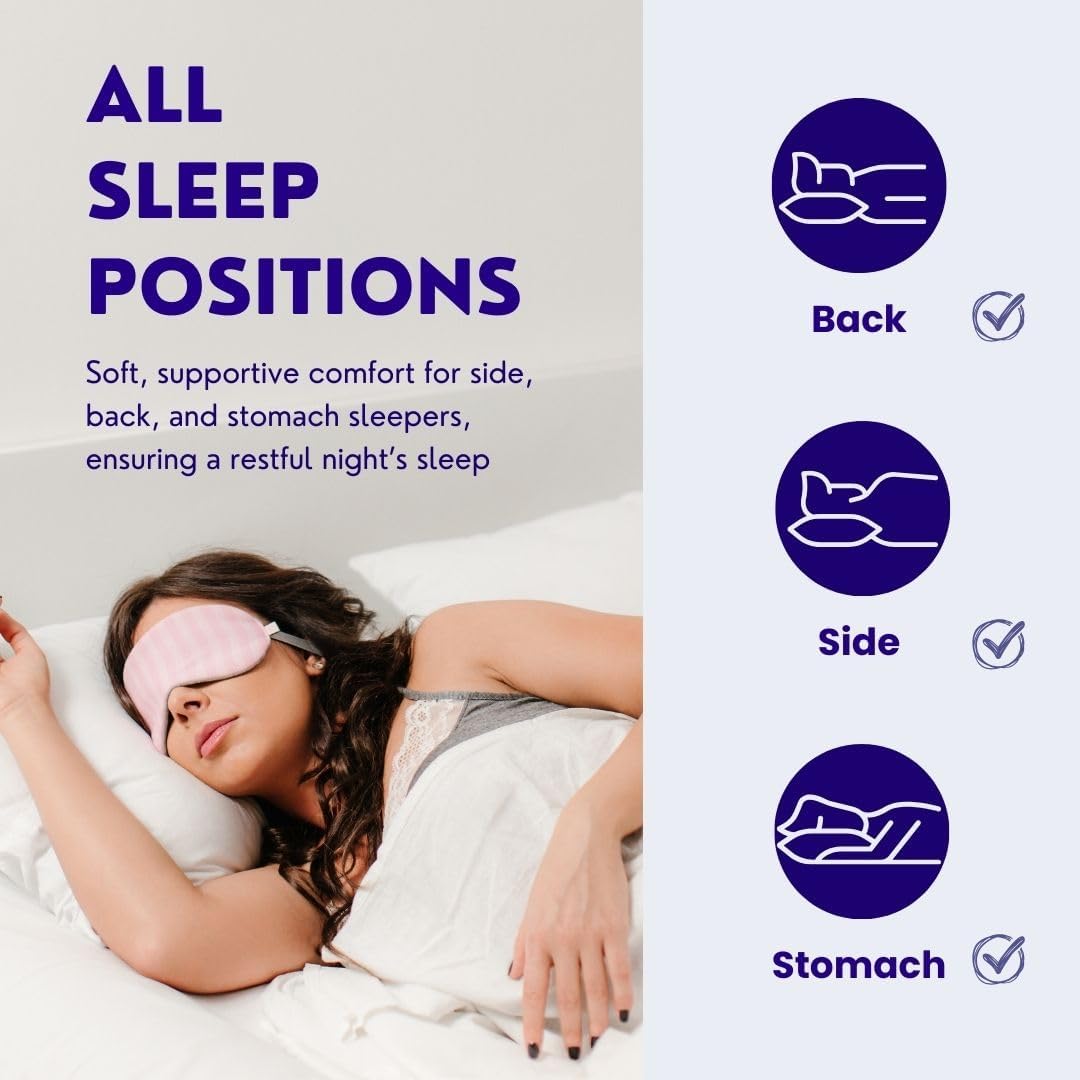 Relaxed woman sleeping comfortably on her side with a pink eye mask, resting on a Continental Bedding Affinity pillow that supports all sleep positions—back, side, and stomach