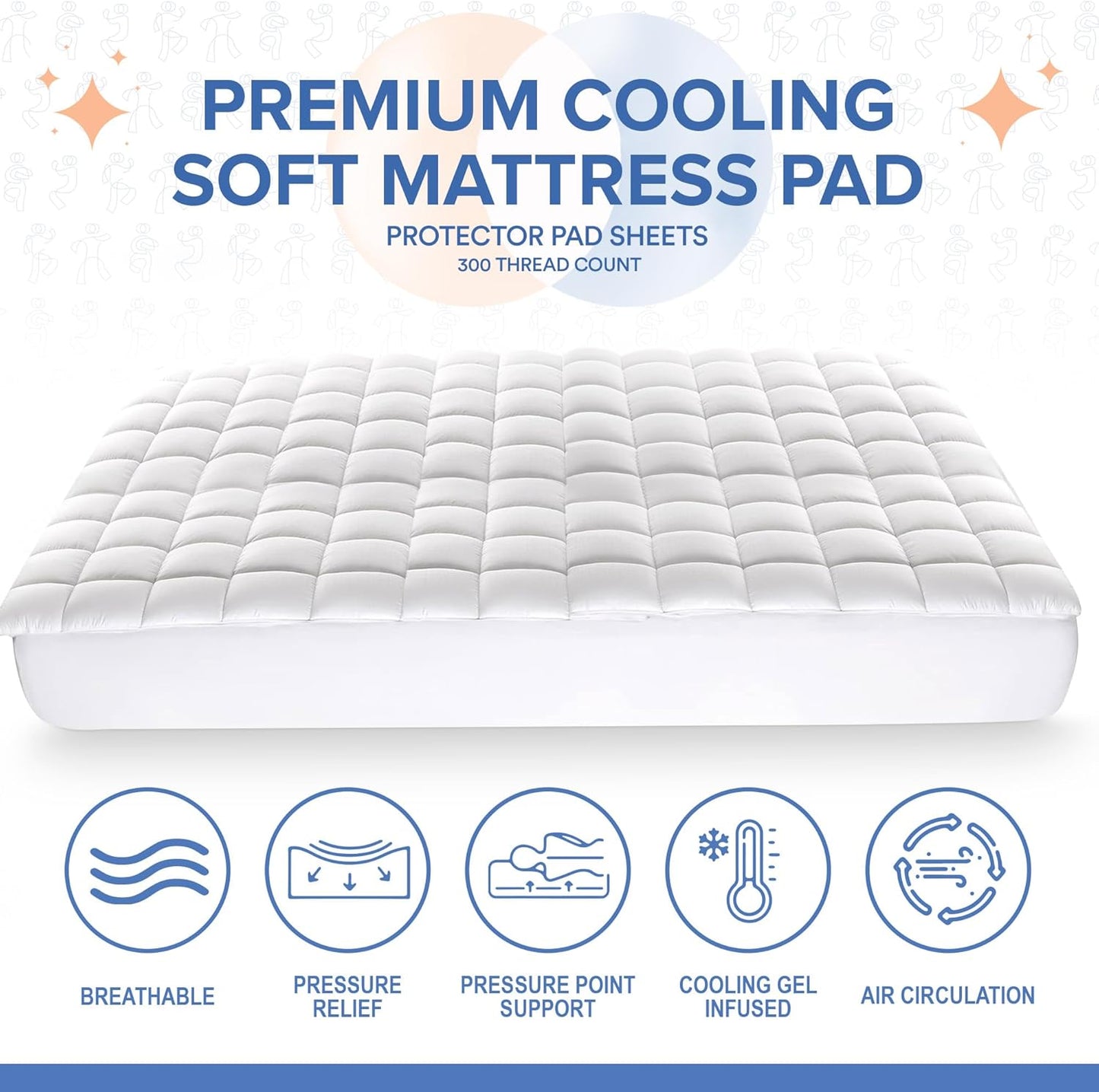 Premium Cooling Soft Mattress Pad – A plush, quilted mattress pad with cooling technology, designed for breathability, pressure relief, and optimal air circulation.