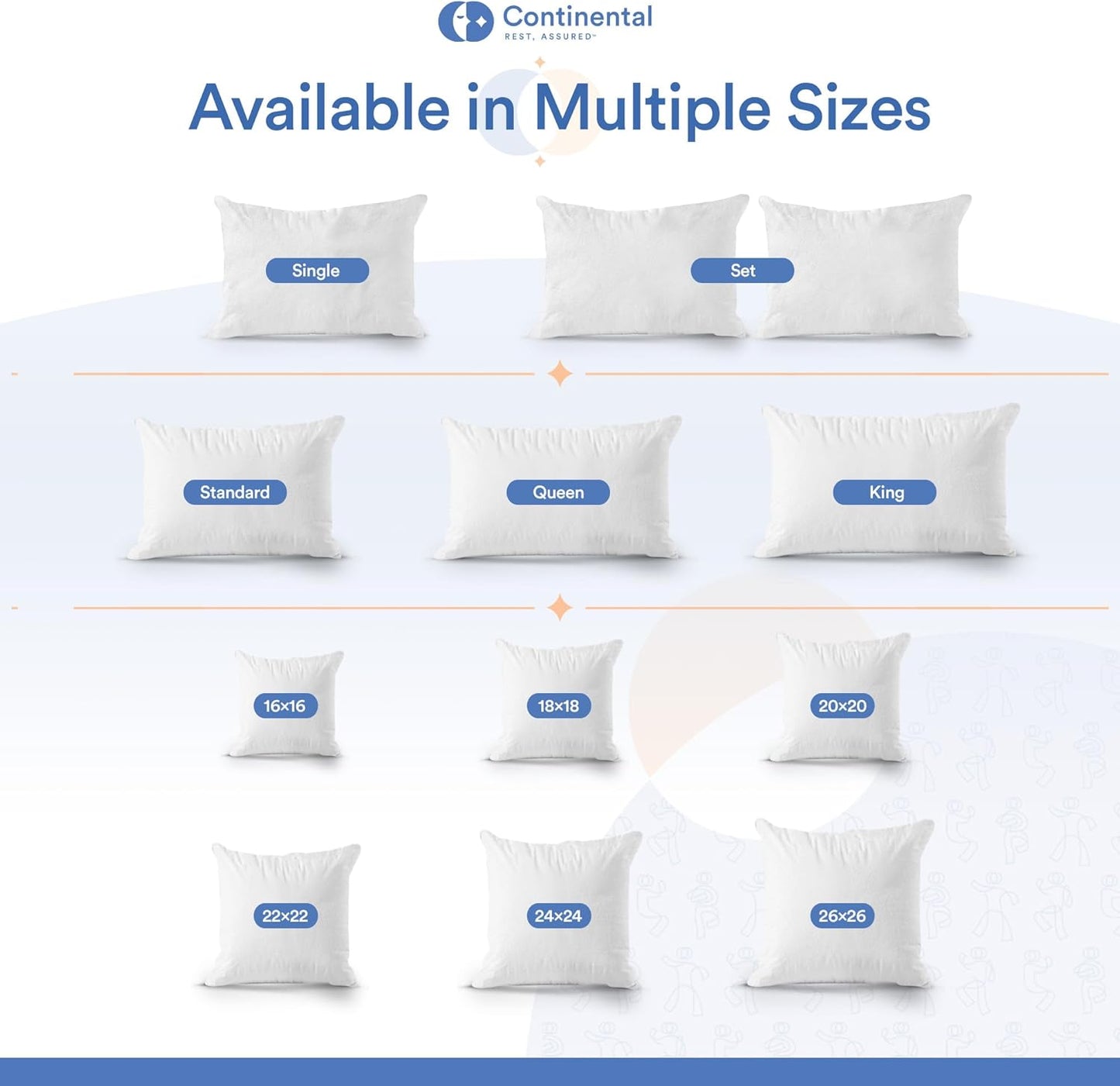 Size chart displaying the available pillow protector sizes, including Standard, Queen, King, and throw pillow insert sizes ranging from 16x16 to 26x26.