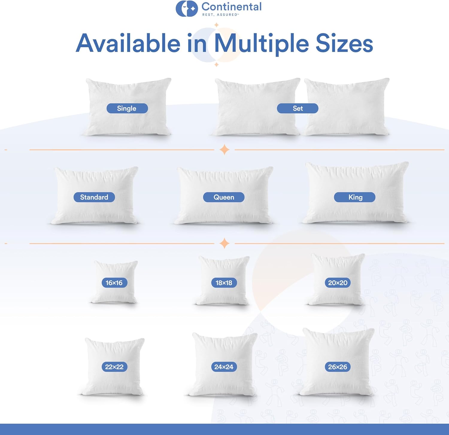 Size chart showing the available bamboo pillow protector sizes, including Standard, Queen, King, and throw pillow sizes from 16x16 to 26x26