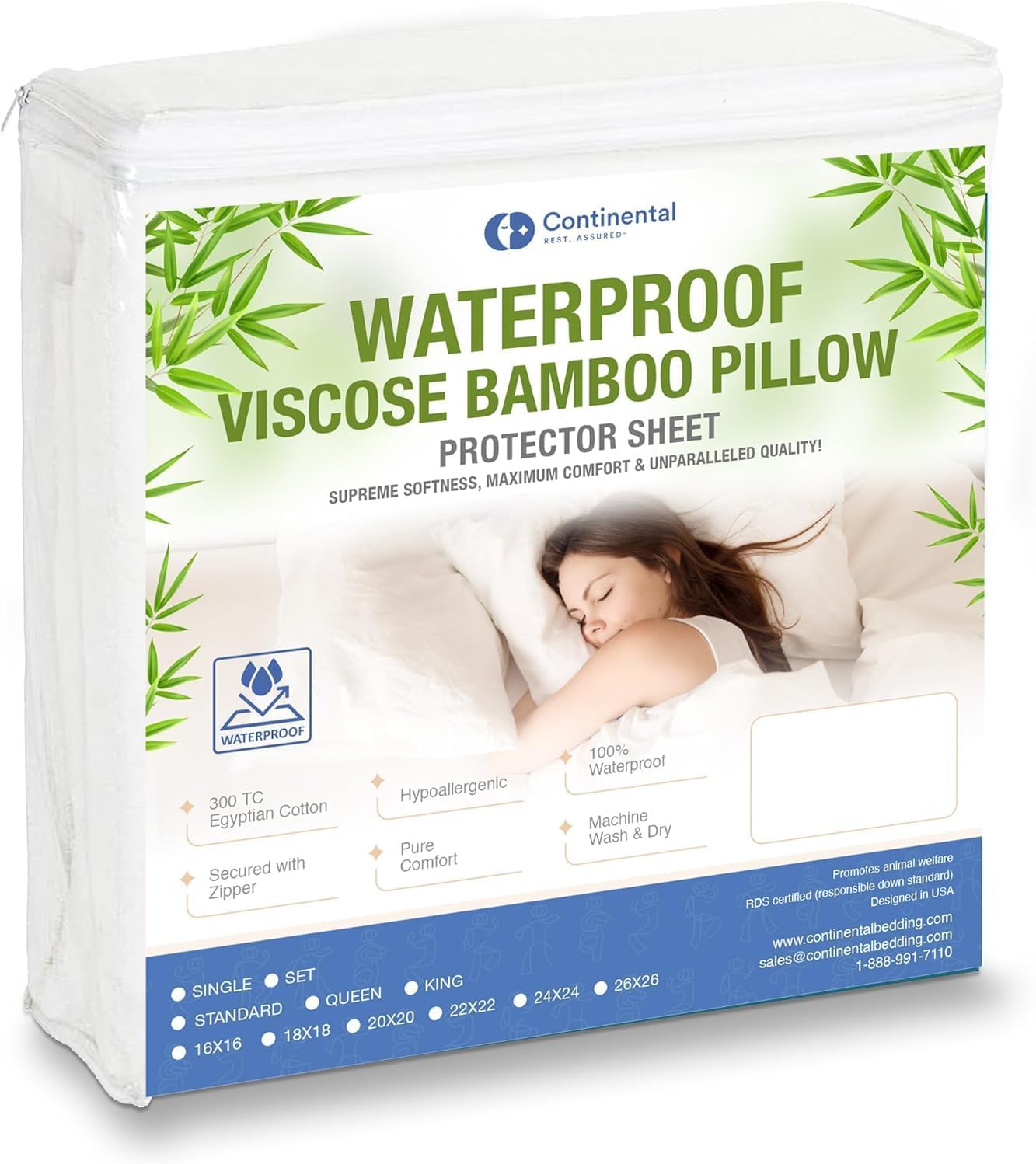 Continental Bedding Waterproof Viscose Bamboo Pillow Protector packaging featuring product benefits, including supreme softness and maximum comfort