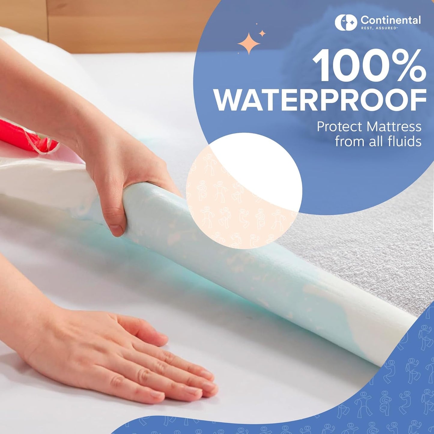 Close-up of a hand pressing on a transparent waterproof layer covering a mattress protector, emphasizing its ability to protect against liquids