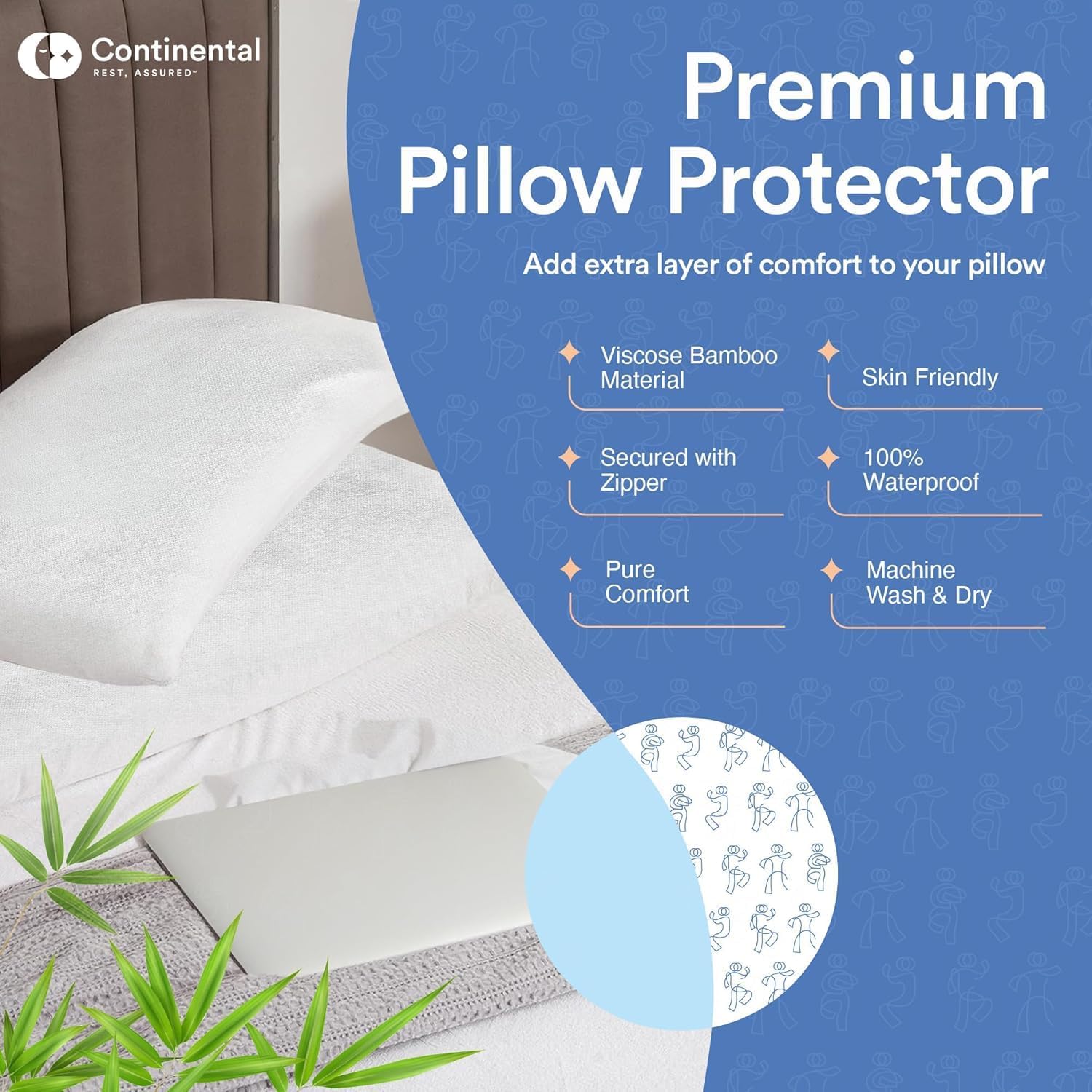 Premium Bamboo Pillow Protector graphic showcasing key features such as viscose bamboo material, waterproof protection, and secure zipper closure