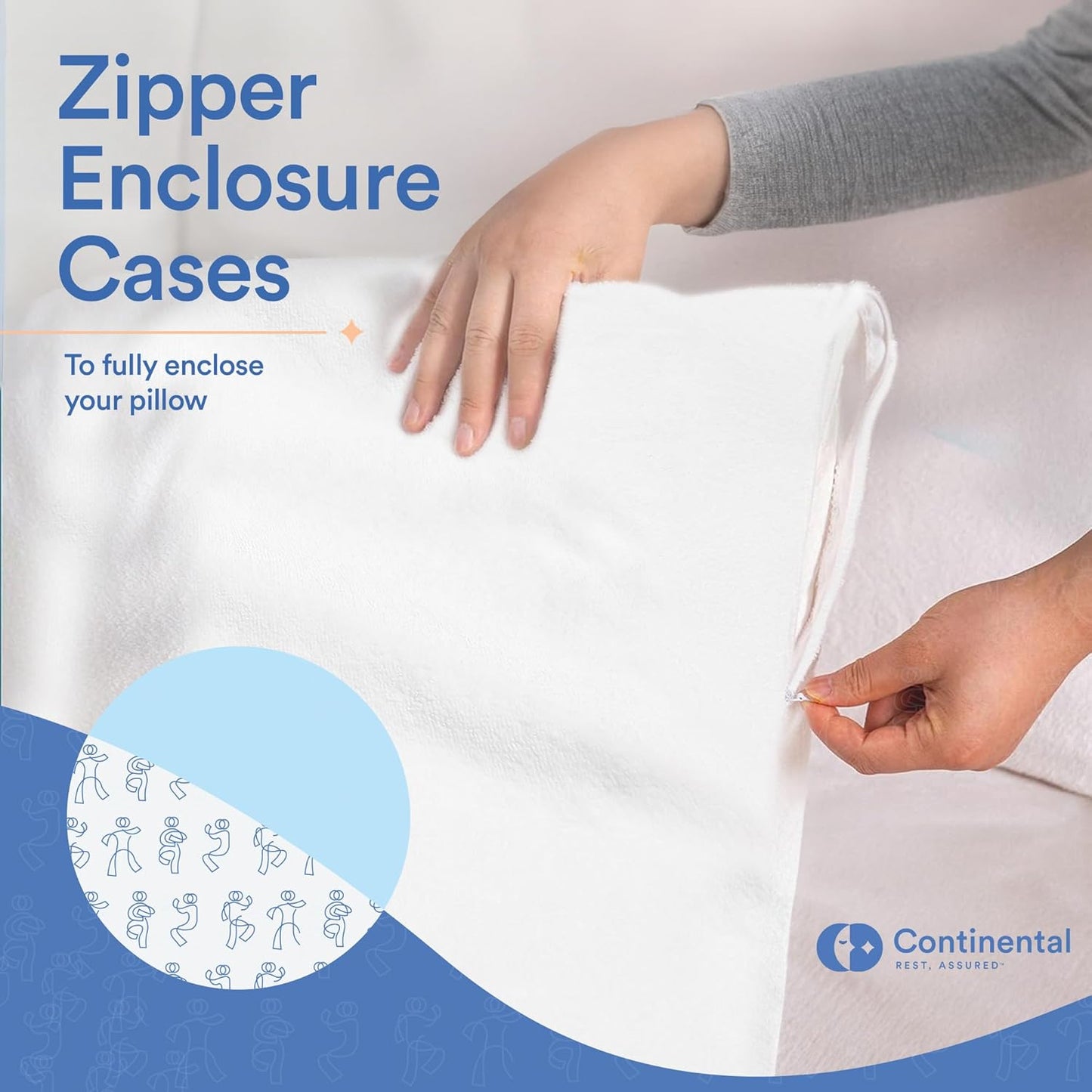 Close-up of a person zipping a fleece pillow protector onto a pillow, highlighting the secure zippered closure for full pillow coverage