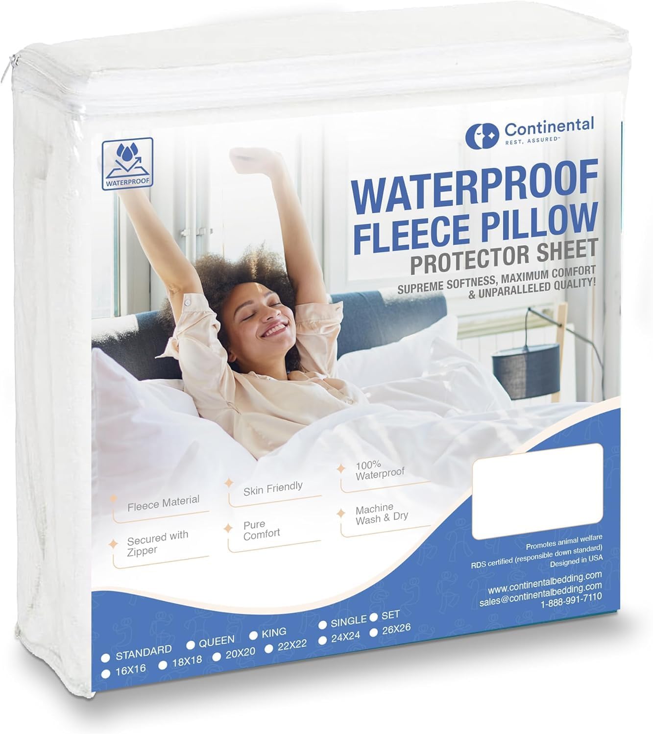 Continental Bedding Waterproof Fleece Pillow Protector packaging featuring product details, including sizes and key benefits such as waterproofing and comfort