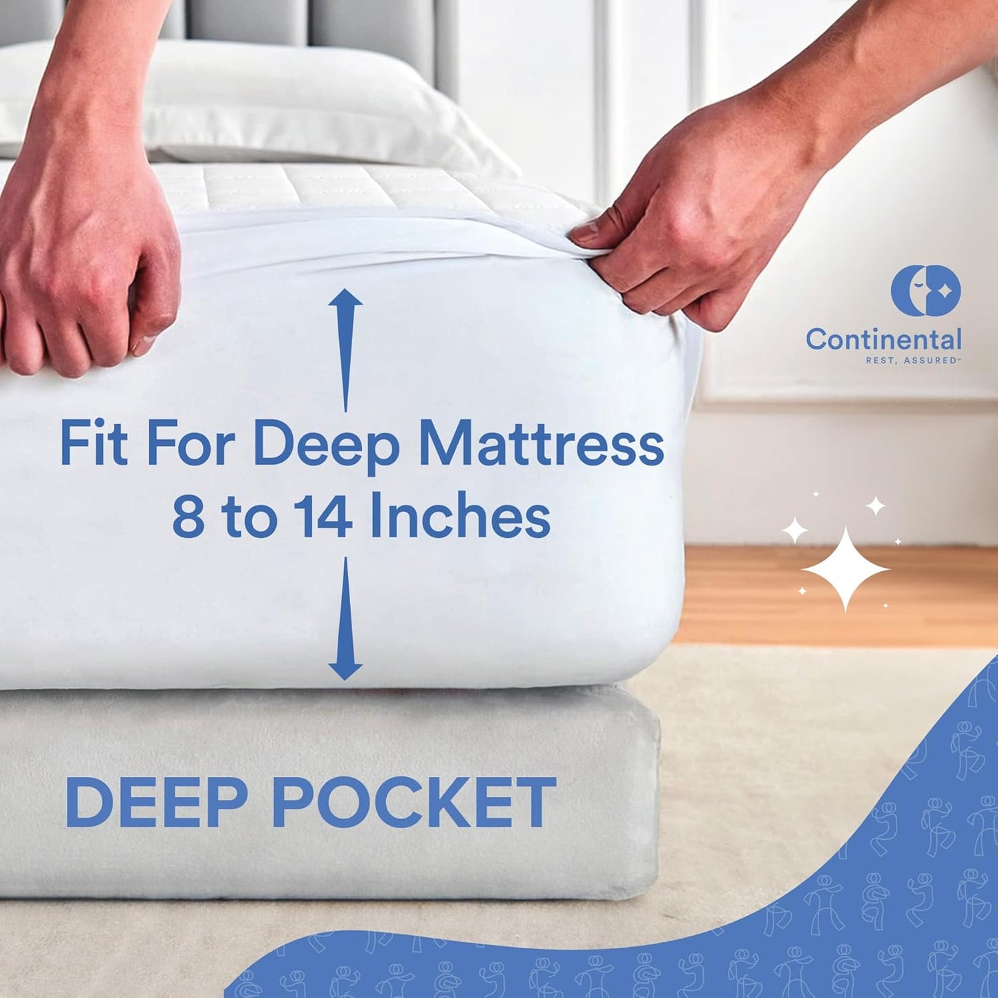 Deep Pocket Mattress Pad – Hands pulling the mattress pad over a deep mattress, showing its snug fit for mattresses 8 to 14 inches thick.

