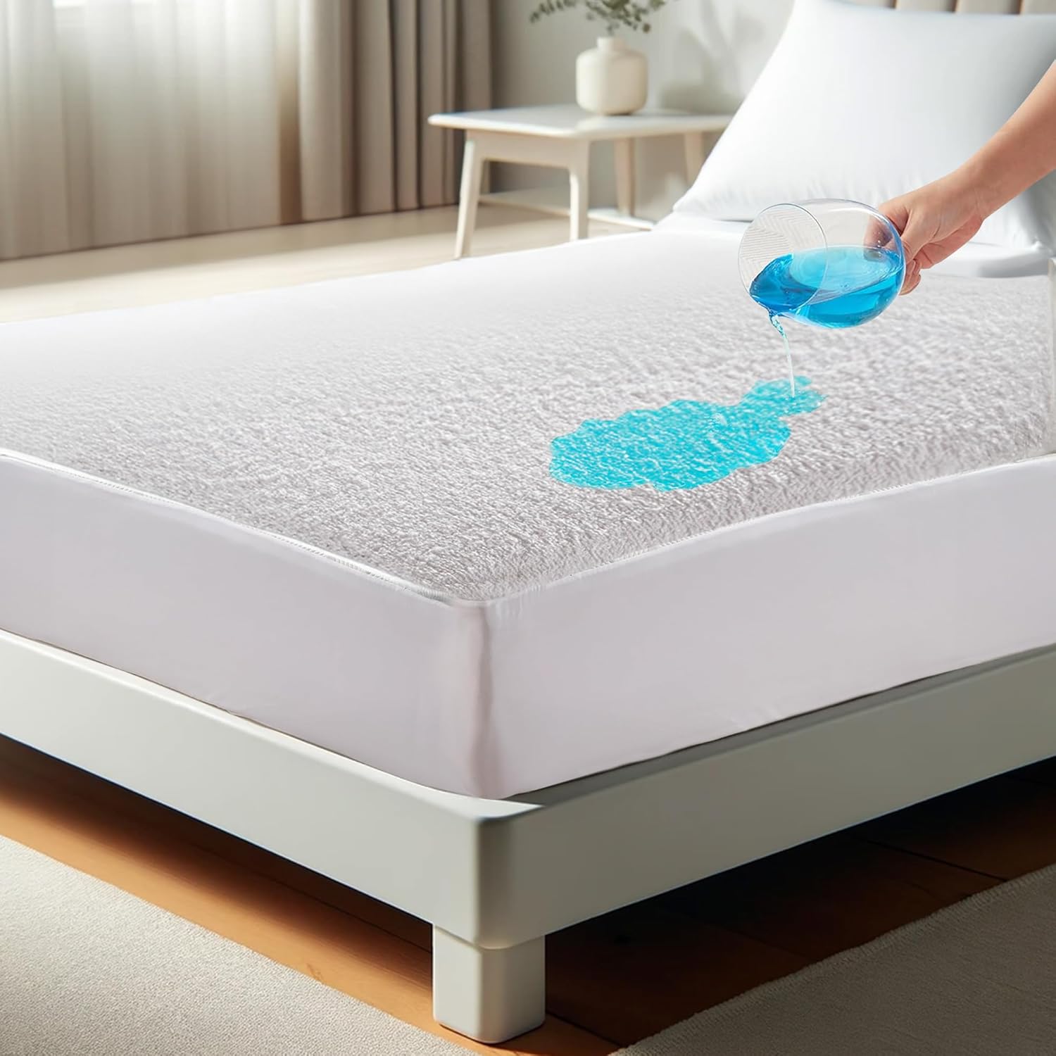 Image showing a blue liquid spill on a white mattress protector to demonstrate its waterproof capabilities in a modern bedroom setting