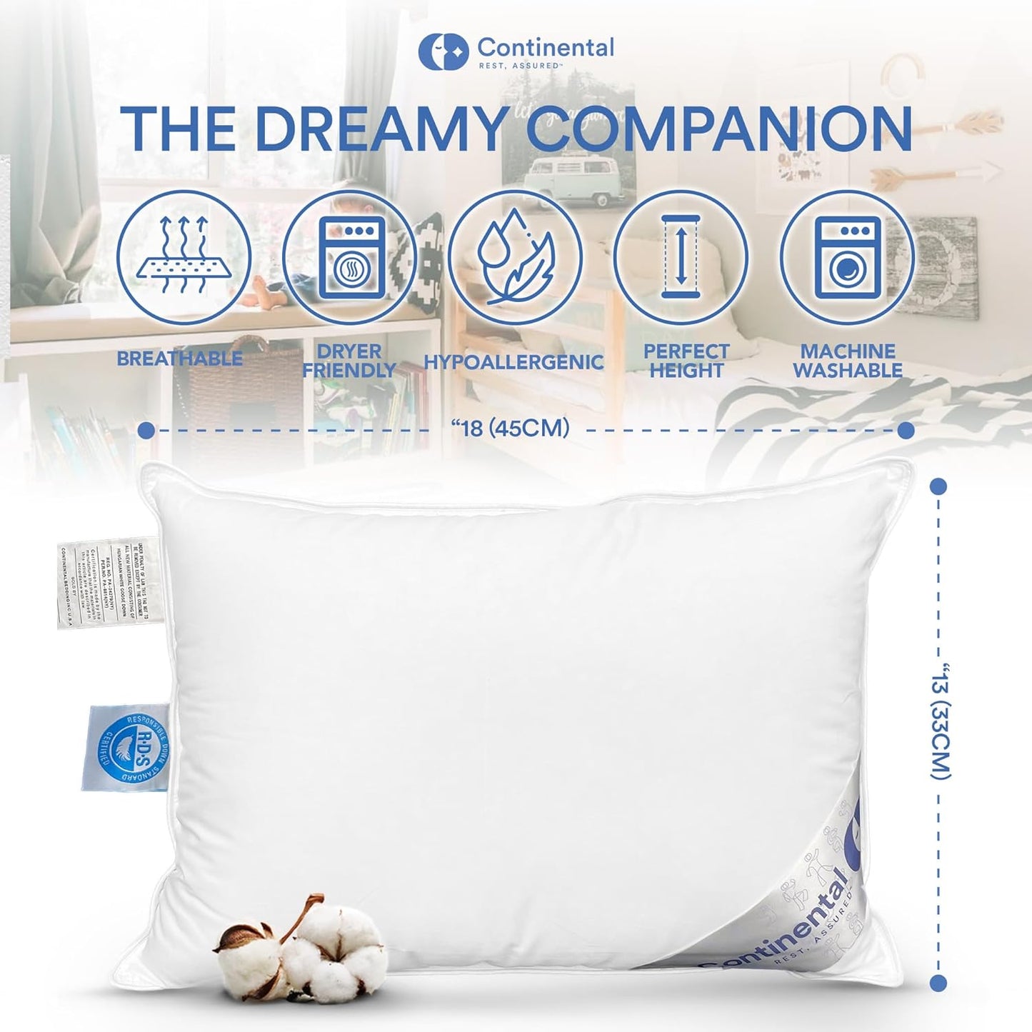 A detailed infographic showcasing the Continental Bedding toddler pillow, highlighting features such as breathability, dryer-friendly material, hypoallergenic properties, perfect height, and machine washability.