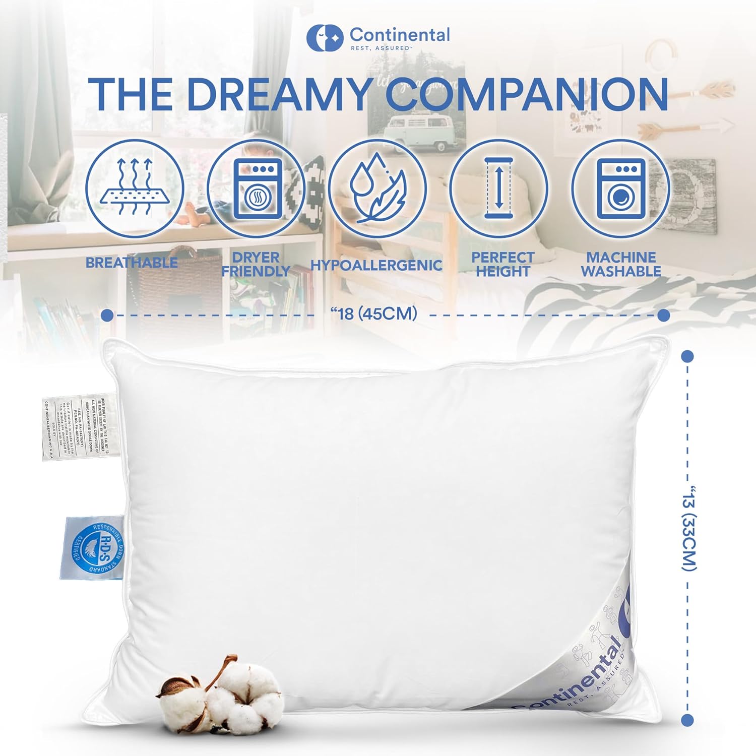 A detailed infographic showcasing the Continental Bedding toddler pillow, highlighting features such as breathability, dryer-friendly material, hypoallergenic properties, perfect height, and machine washability.