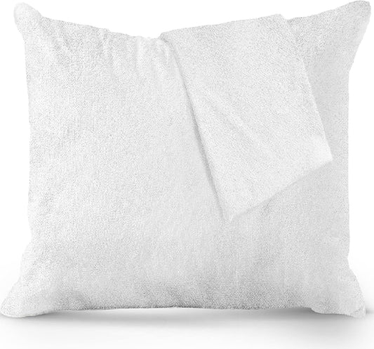 White viscose bamboo zippered pillow protector displayed on a plush pillow, highlighting its soft, breathable, and waterproof design