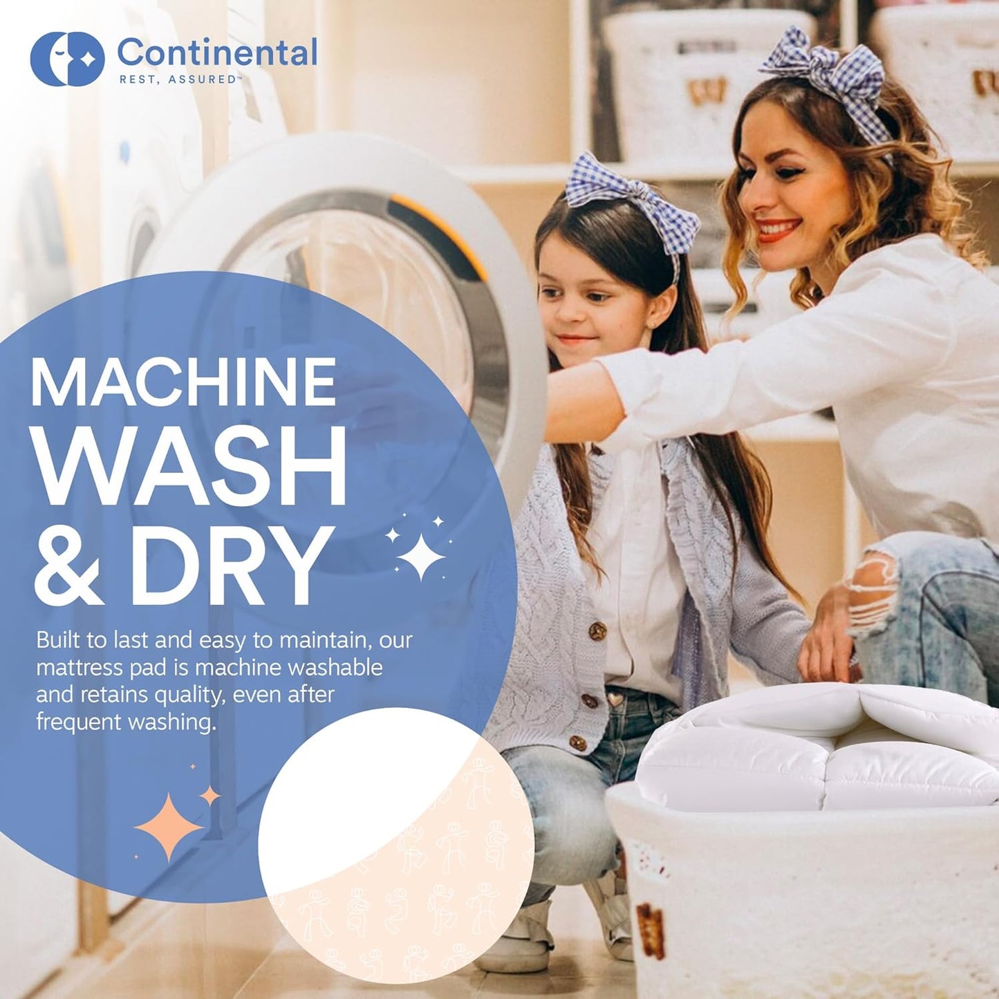 Machine Wash & Dry Feature – A mother and daughter doing laundry, highlighting the easy maintenance and durability of the cooling mattress pad.