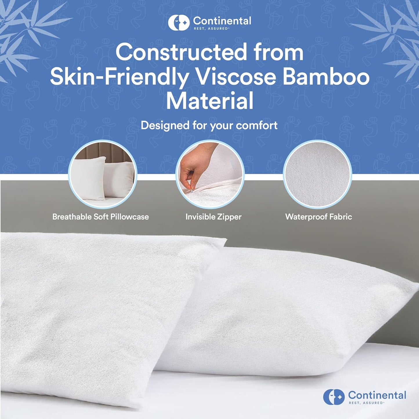 Graphic highlighting the benefits of the skin-friendly viscose bamboo material, including breathability, waterproof protection, and an invisible zipper