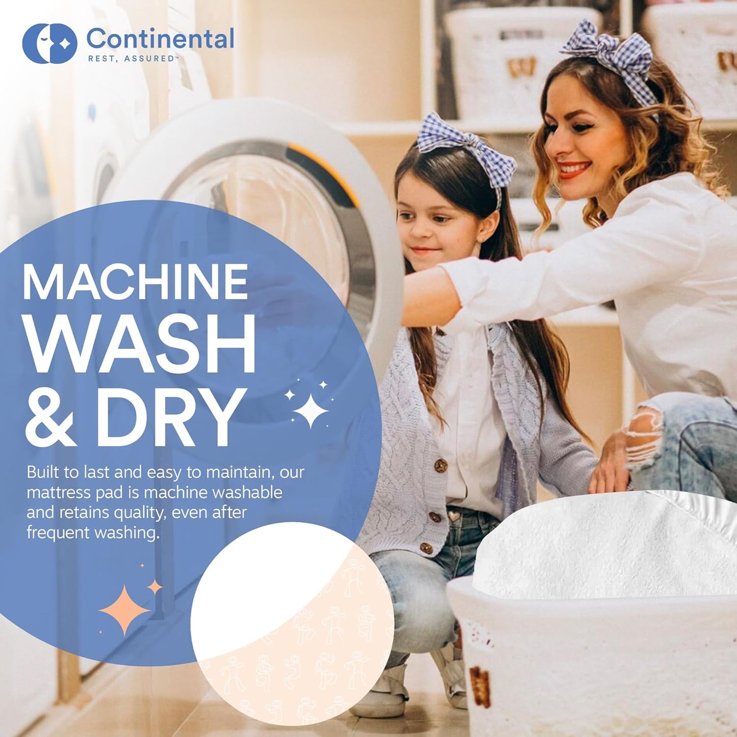 Mother and daughter in matching outfits placing a mattress pad into a washing machine, highlighting the ease of care and durability of the mattress protector