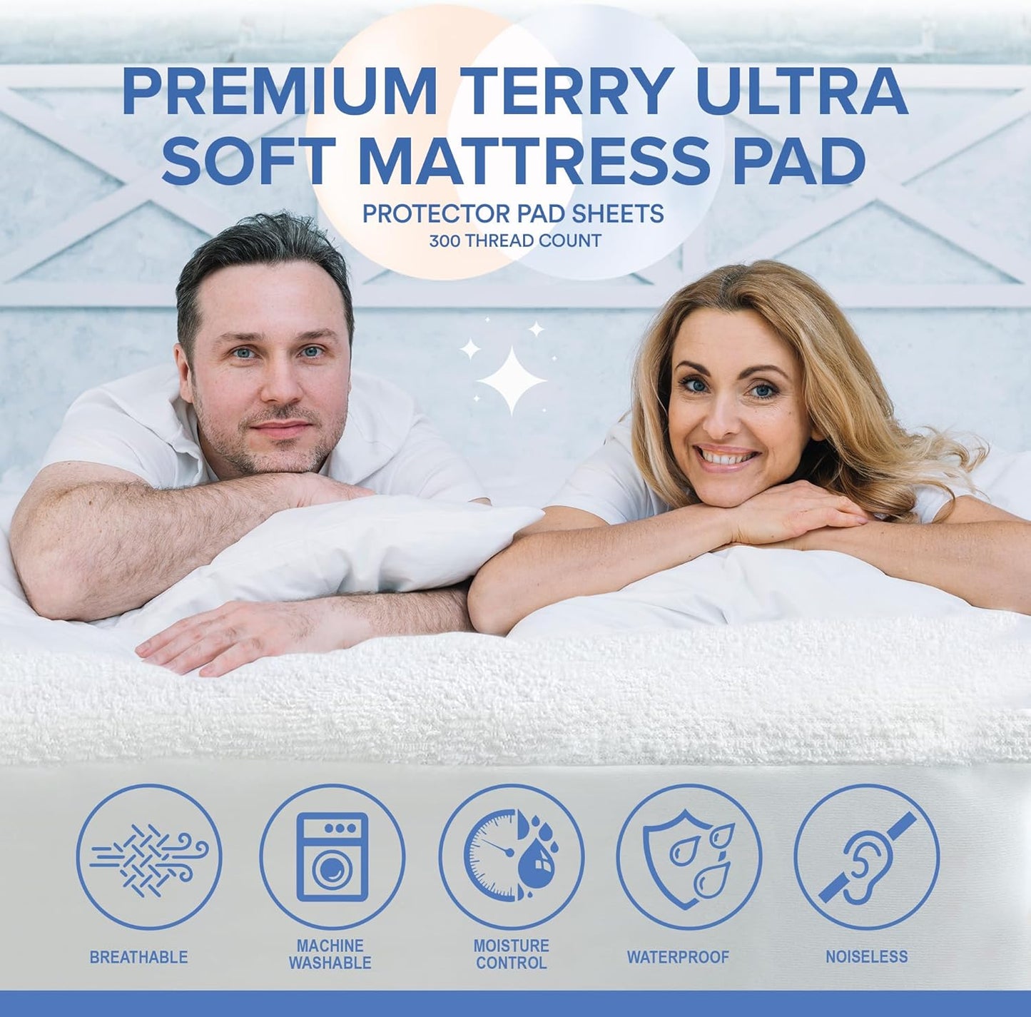 A couple smiling while lying on a plush mattress covered with a soft terry mattress protector, featuring icons for breathability, machine washable, moisture control, waterproof, and noiseless features