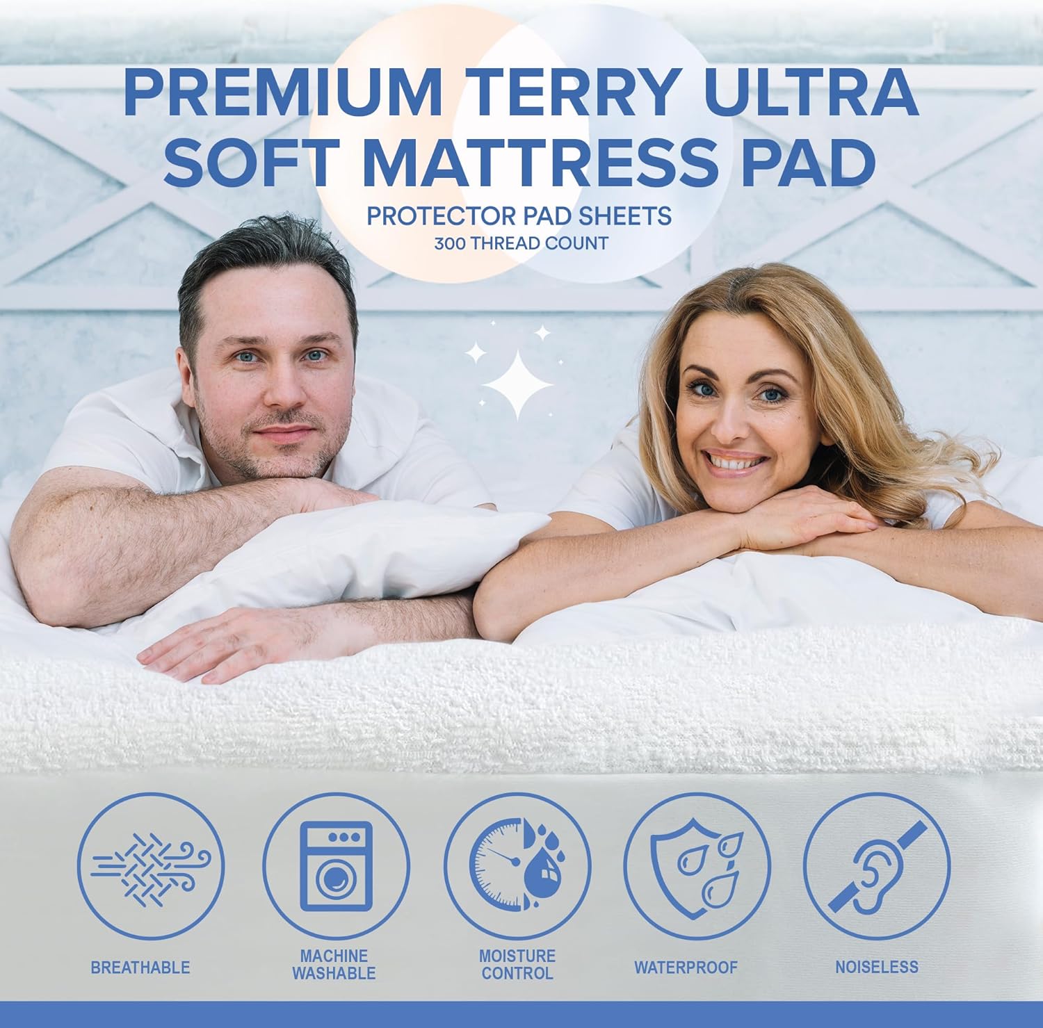 A couple smiling while lying on a plush mattress covered with a soft terry mattress protector, featuring icons for breathability, machine washable, moisture control, waterproof, and noiseless features