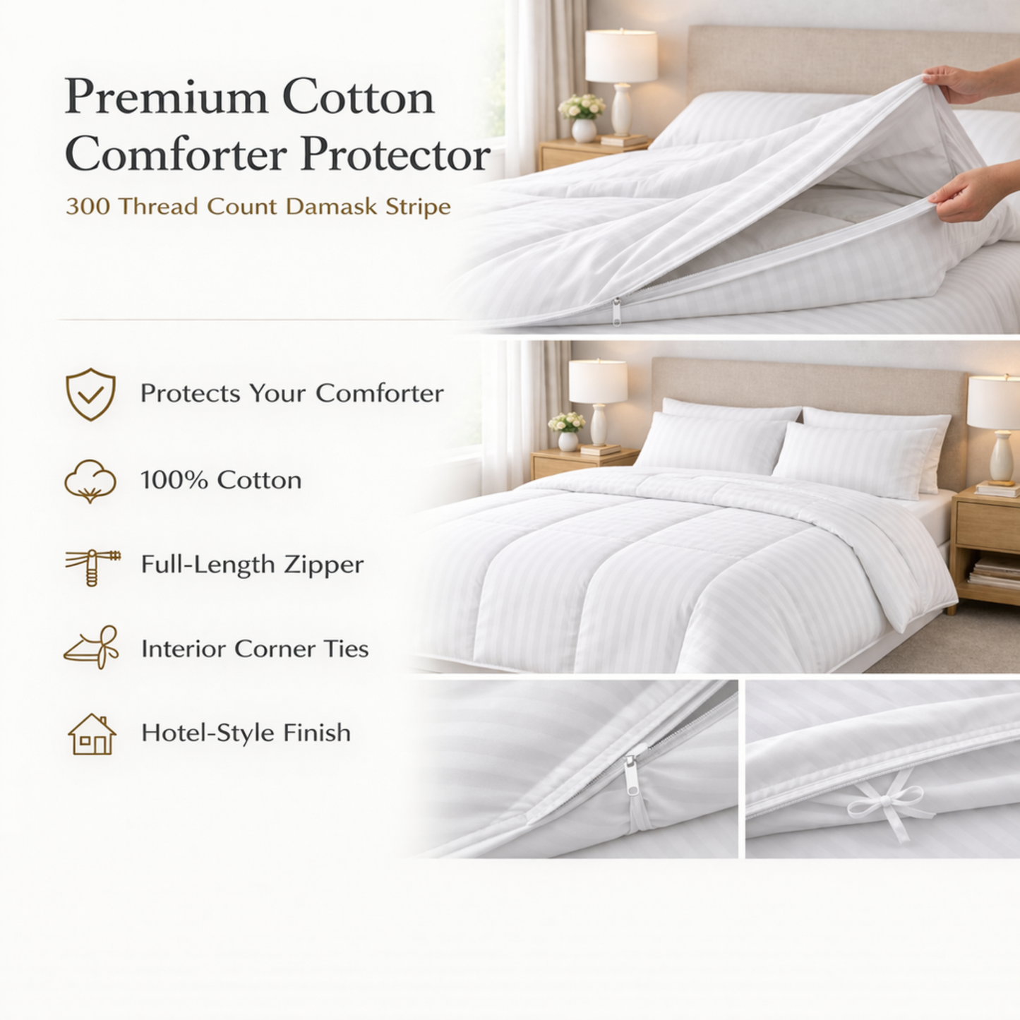 Premium Cotton Comforter Protector – 300 Thread Count Damask Stripe Finish